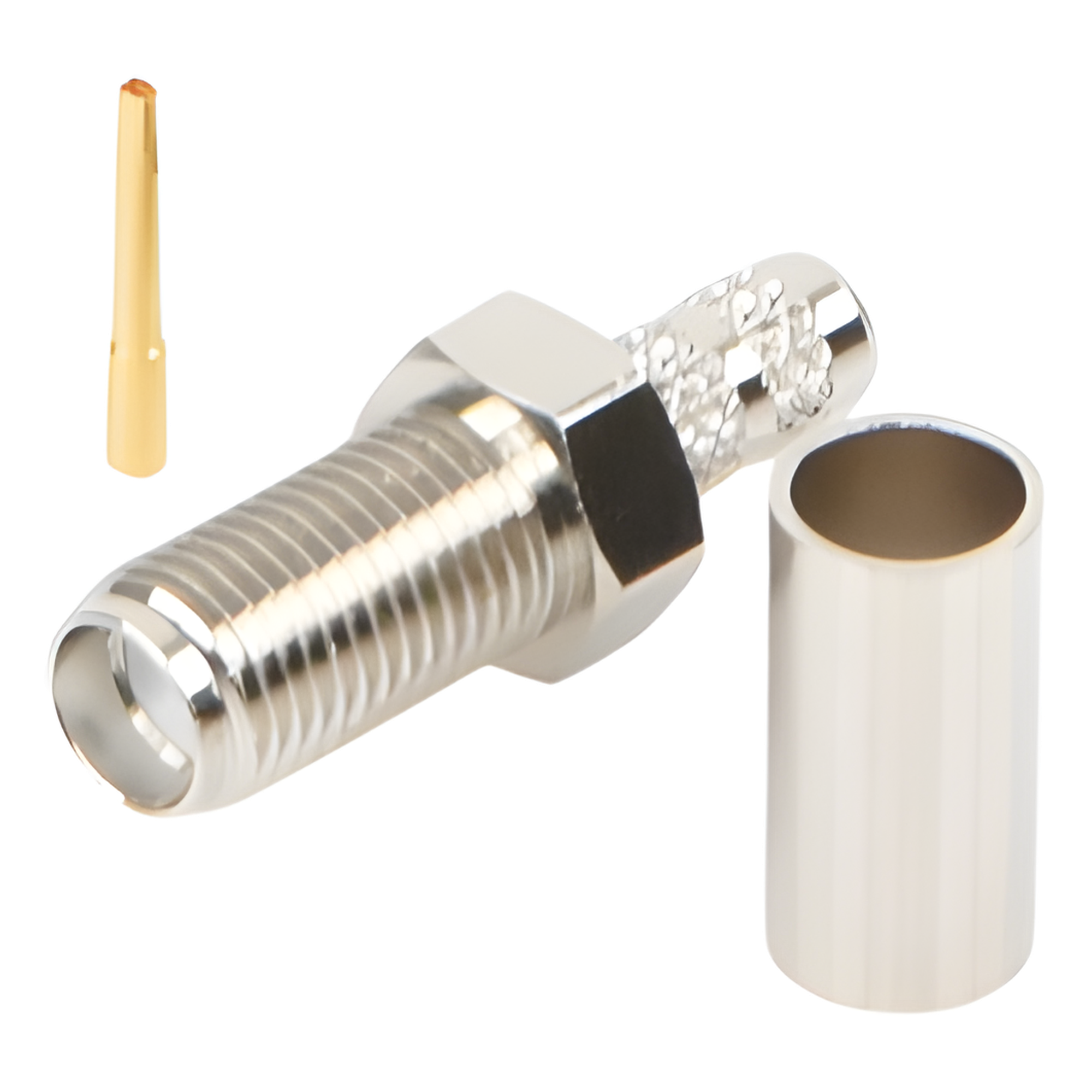 Conector Coaxial SMA Hembra / Anillo Plegable / Para Cable RG-58/U / Cuerpo Bronce Niquelado / Contacto Oro / Aislante Teflón