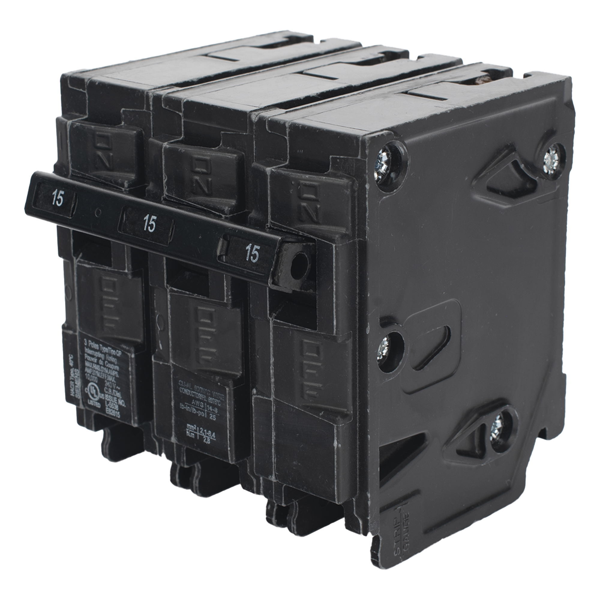 Interruptor Automático Enchufable / 3 Polos / 15 A / 240 V AC / Capacidad Interruptiva 10 kA / UL 489 / Distribución Trifásica — SIEMENS · SKU Q315