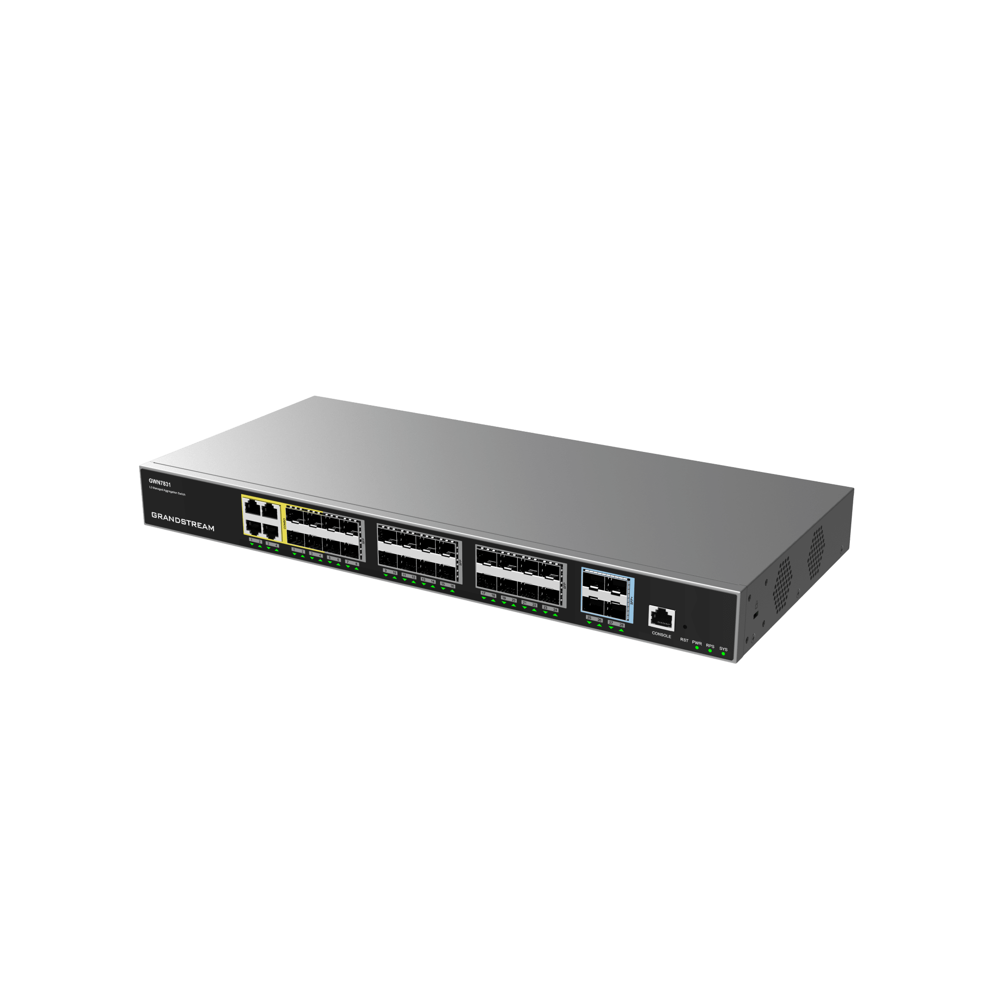 Switch de Agregación Capa 3 / 4 Puertos Gigabit Ethernet / 24 Puertos Gigabit SFP / 4 Puertos 10Gigabit SFP+ / QoS Integrada / Soporte IPv6 e IPv4 / Seguridad Avanzada / Stacking / 
