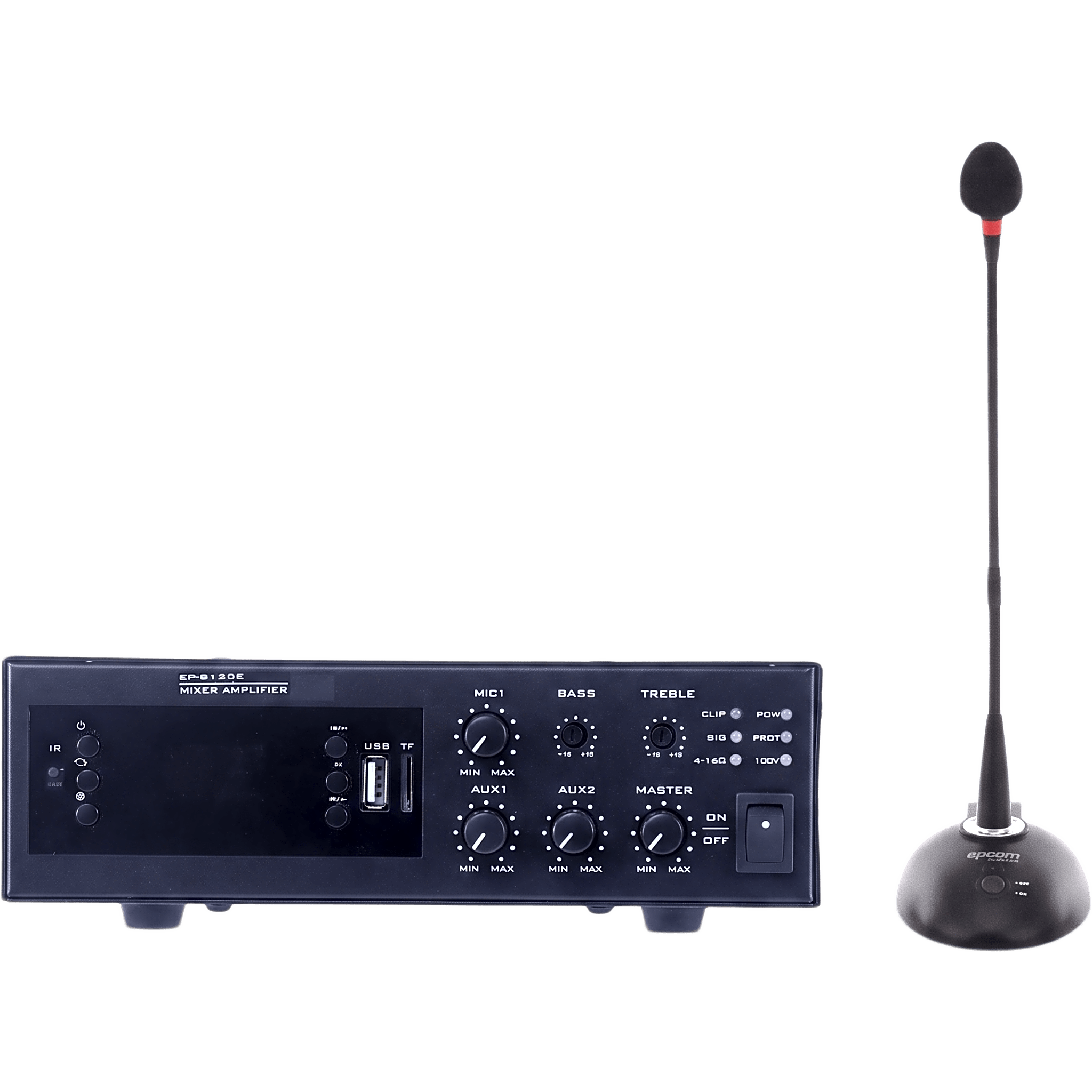 Kit de Amplificación / 120W / Bluetooth / MP3 / FM / XLR Phantom 48V / Micrófono Cuello de Ganso Cardioide / XLR 8 m (26.2 ft) — EPCOM PROAUDIO · SKU EPB120E/MIC