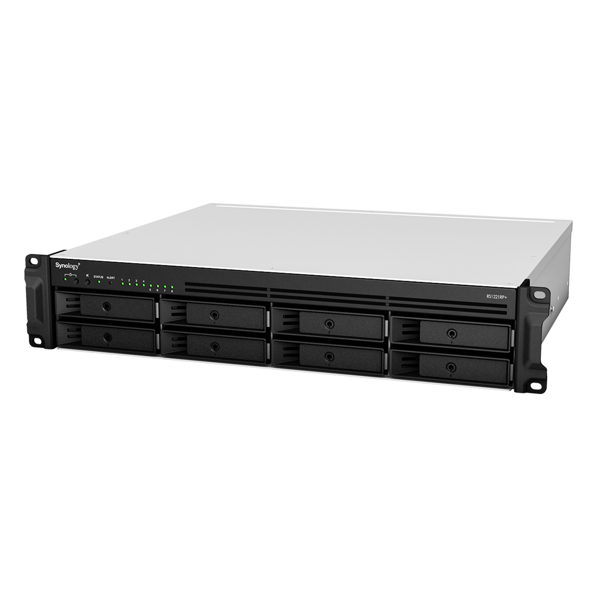 Servidor NAS Rack / 8 Bahías Expandible a 12 / CPU AMD Ryzen V1500B / 4 GB DDR4 ECC Hasta 32 GB / 10/25GbE SFP28 / Lectura 2,315 MB/s / Escritura 1,147 MB/s — SYNOLOGY · SKU RS1221RP+