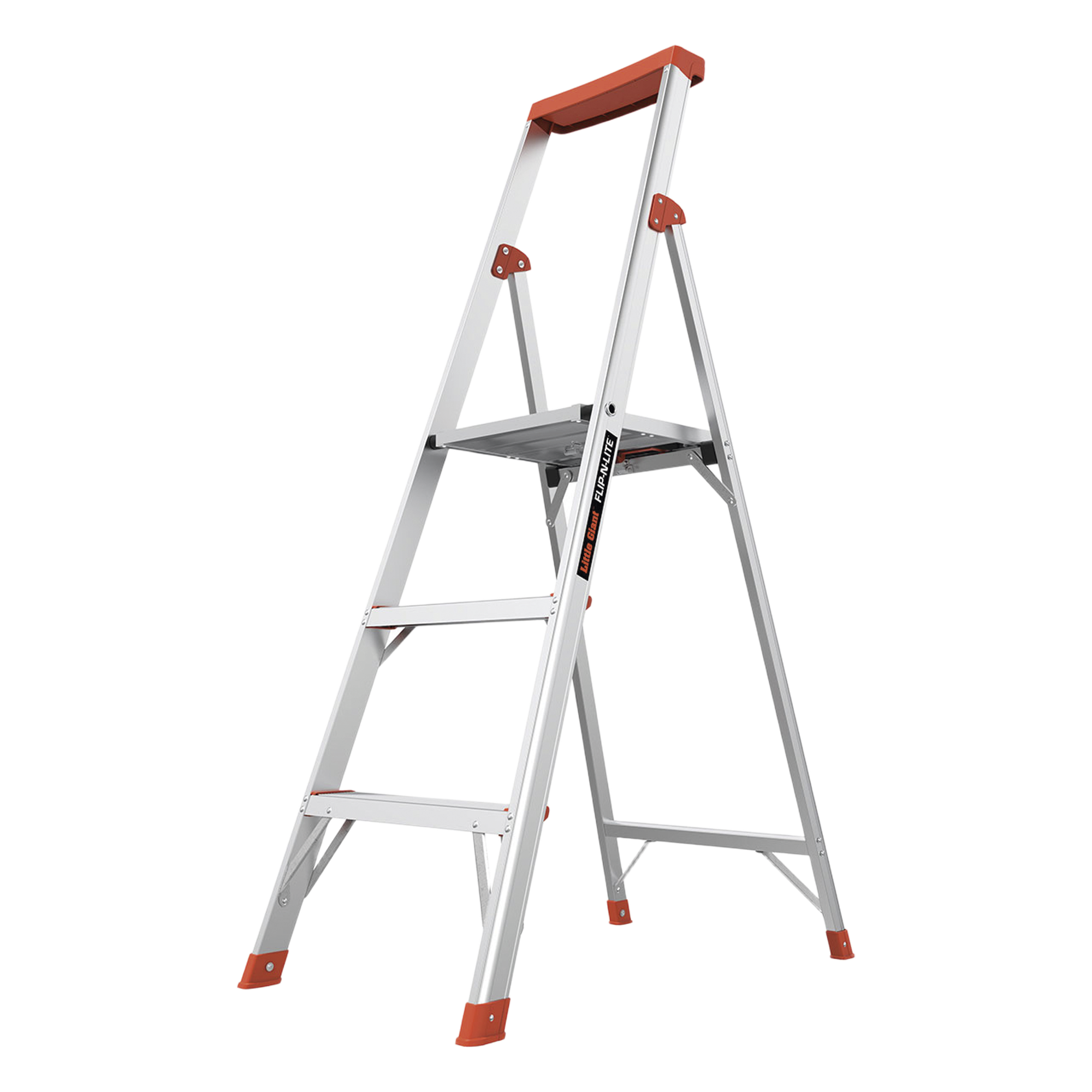 Escalera de Aluminio / 3 Peldaños / Altura 1.5 m (4.9 ft) / Plataforma con Bandeja para Herramientas / Patas Antideslizantes — Little Giant Ladder Systems · SKU FLIPNLITE-3C
