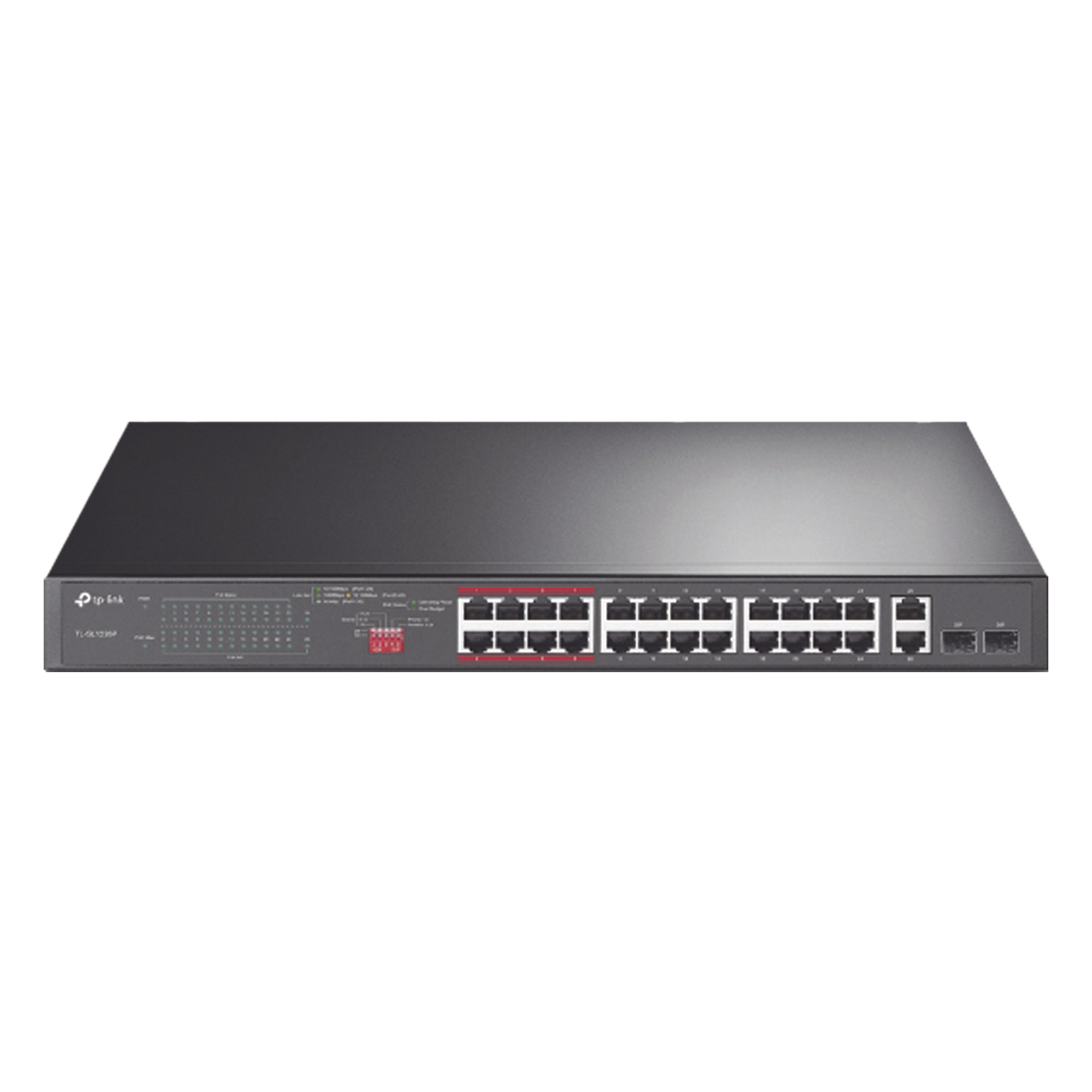 Switch PoE+ / 24 Puertos 10/100 Mbps / 2 Puertos Gigabit Combo / 2 Puertos SFP / Alcance PoE 250 m (820.2 ft) / Presupuesto PoE 250 W — TP-LINK · SKU TL-SL1226P