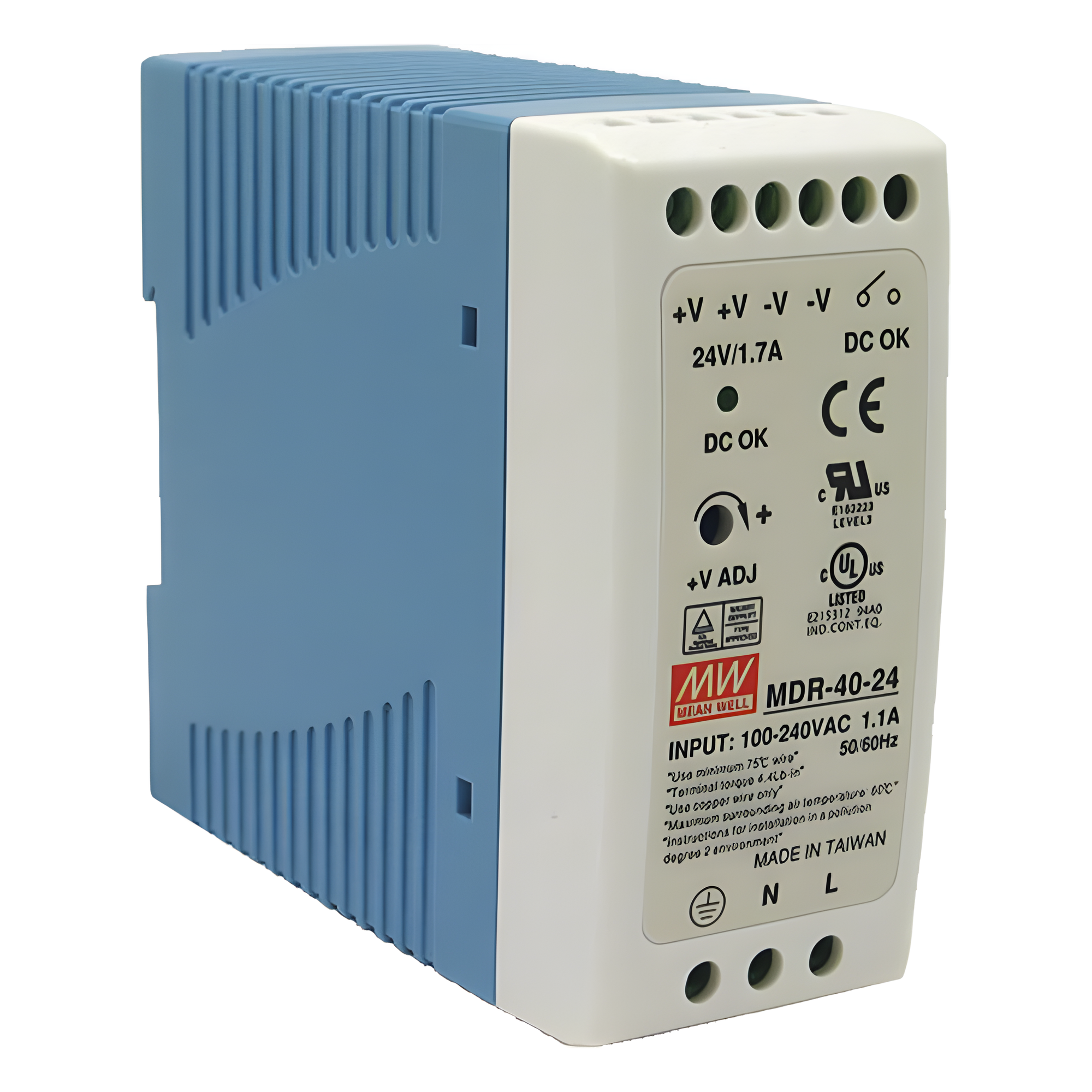 Fuente de poder Industrial / Riel DIN / 24 VCC / 40 W / 85-264 VCA / 1.7 A / 40 x 90 x 100 mm (1.57 x 3.54 x 3.94 in) — MEANWELL · SKU MDR-40-24