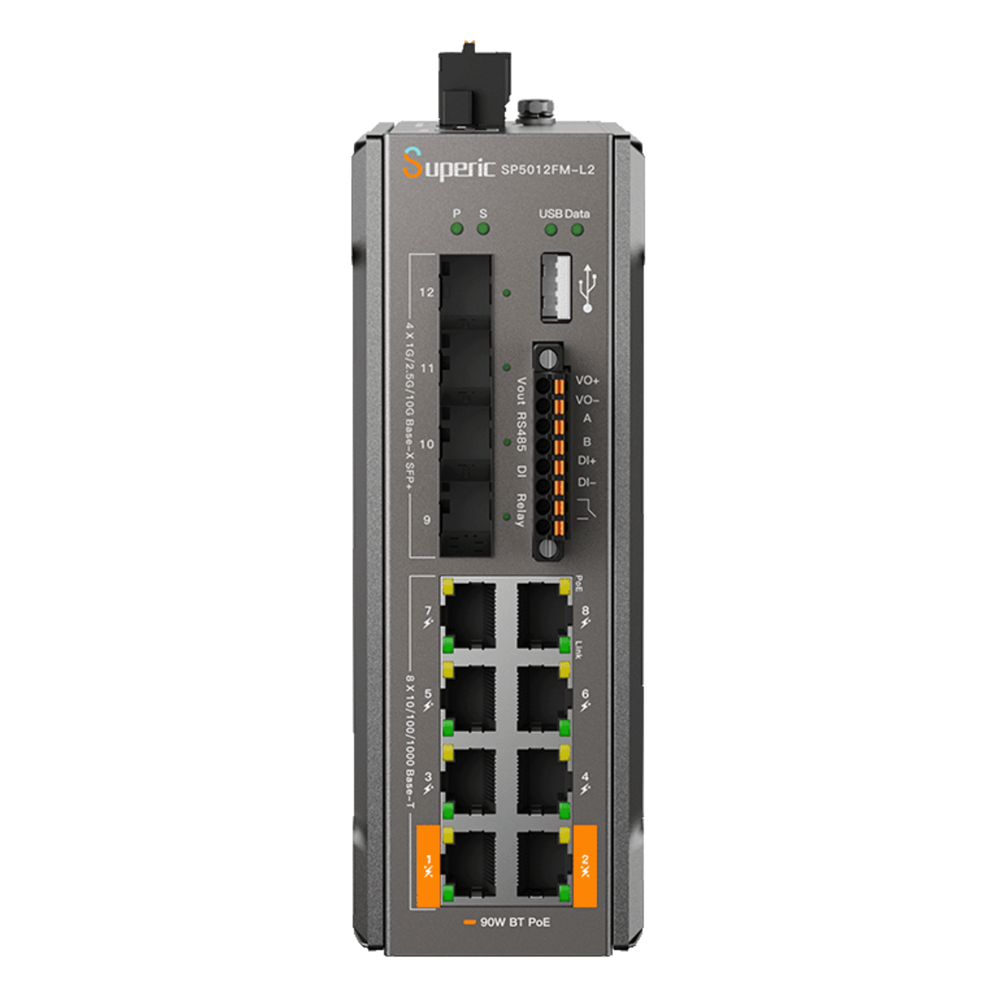 Switch PoE Industrial L2+ / 8 Puertos Gigabit PoE / 4 Puertos SFP 10G / Capacidad 96 Gbps / Presupuesto PoE 240 W / Rango -40 a 75 °C (-40 a 167 °F) / Sin Ventilador — WI-TEK · SKU SP5012FML2(V2)