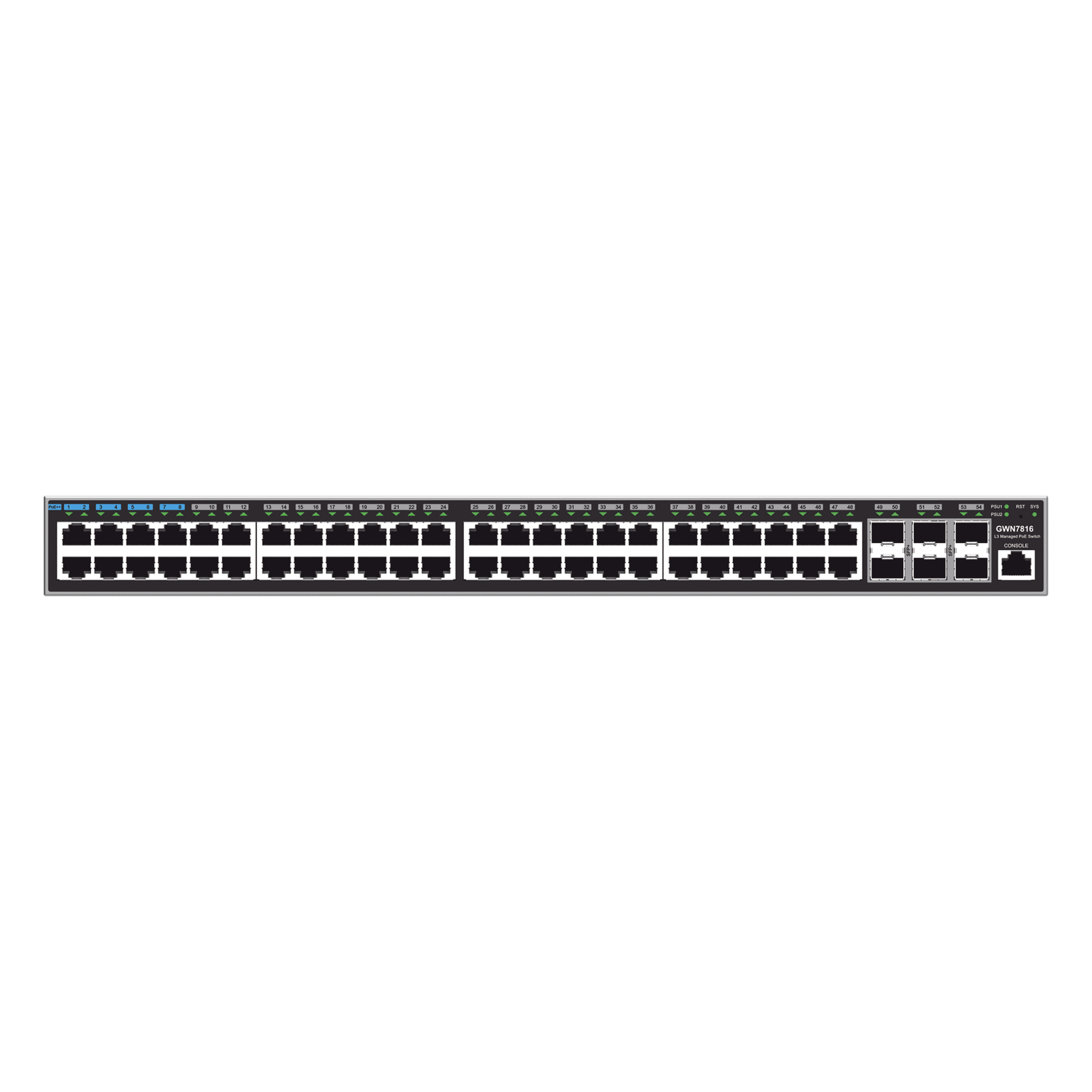 Switch Capa 3 Administrable / 48 Puertos Gigabit + 6 SFP+ 10G / Conmutación 216 Gbps / Montaje Rack 1U — GRANDSTREAM · SKU GWN7816