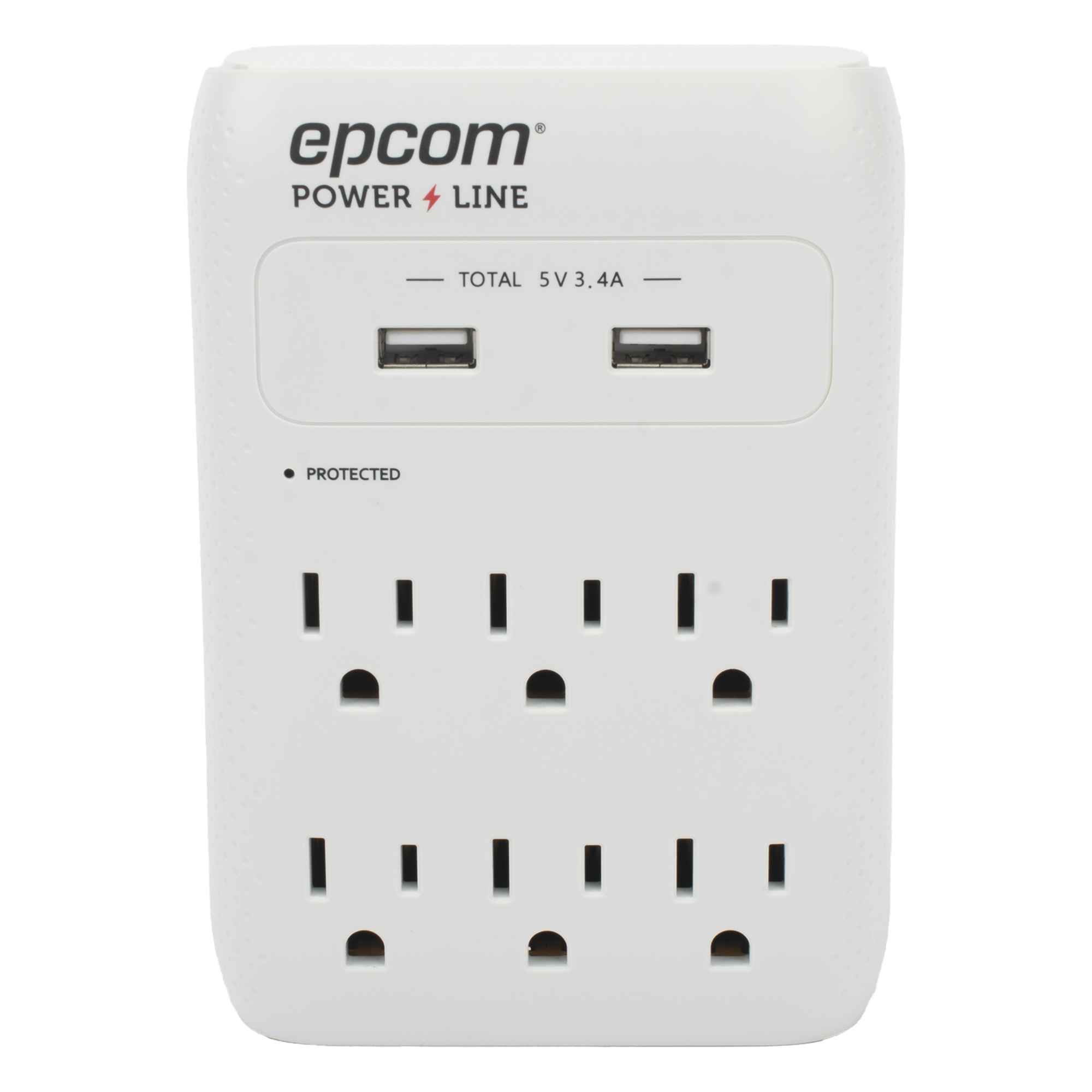 Multicontacto de Pared / 6 Salidas NEMA 5-15R / Supresor de Picos 1080 J / 2 x USB-A 5V/3.4A / 1800W / Filtro EMI/RFI 40 dB — EPCOM POWERLINE · SKU EPLSPWUSB
