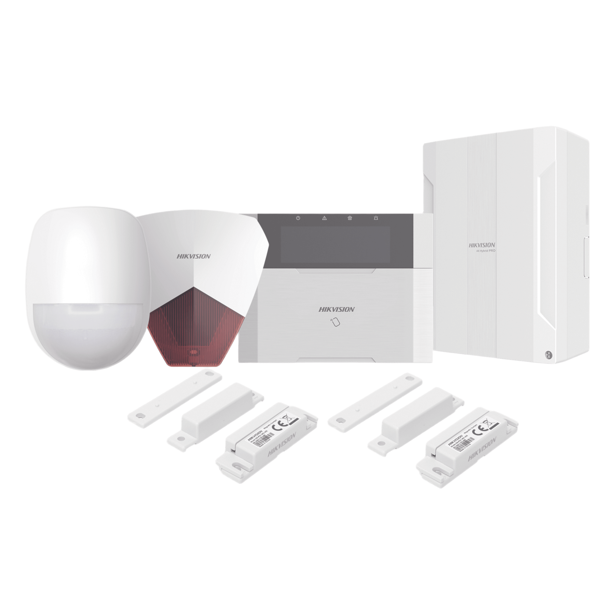 Kit Panel de Alarma Híbrido / 64 Zonas / Teclado LCD con Lector de Tags / Sirena 105 dB IP54 / PIR 18 m (59.1 ft) 90° / 2 Contactos Magnéticos — HIKVISION · SKU DS-PHA64-LP/PACK(R)