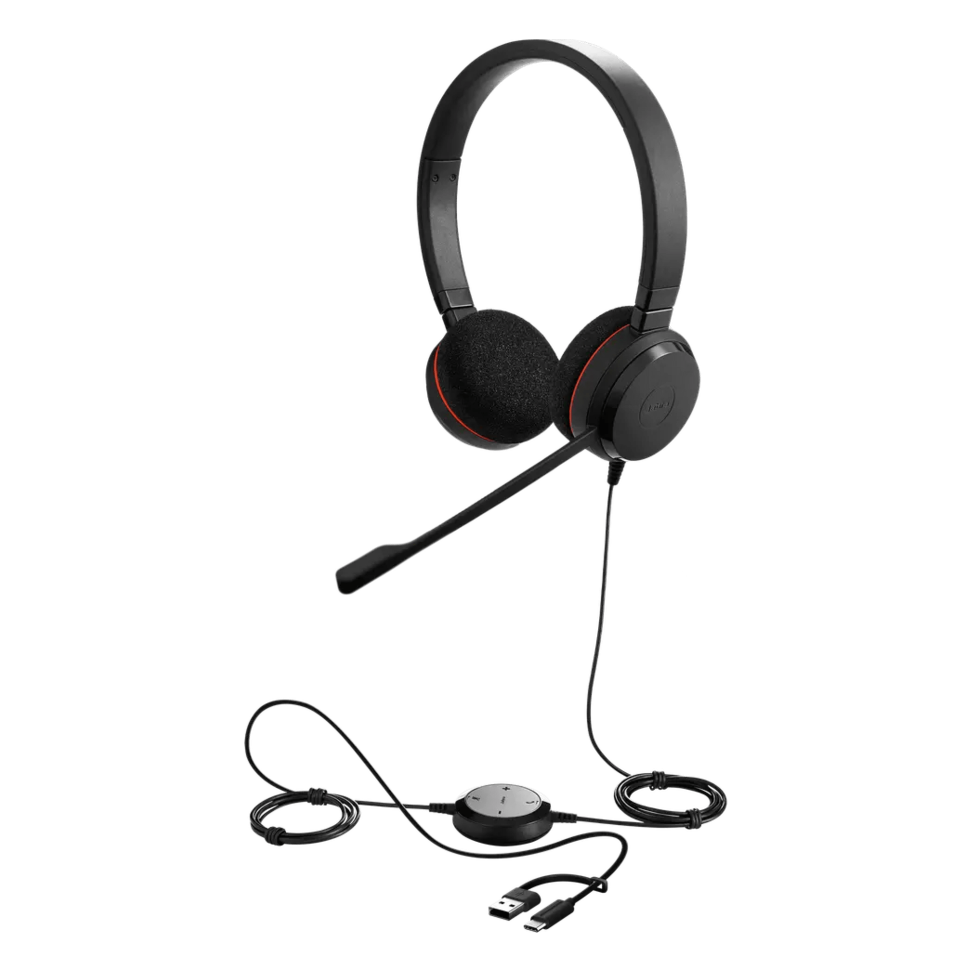 Headset Profesional con Cable / Cancelación de Ruido Avanzada / USB-C y USB-A / Certificación UC y Microsoft Teams / Altavoces 28 mm / Plug-and-Play — JABRA · SKU EVOLVE20DUOUCUSBC/A
