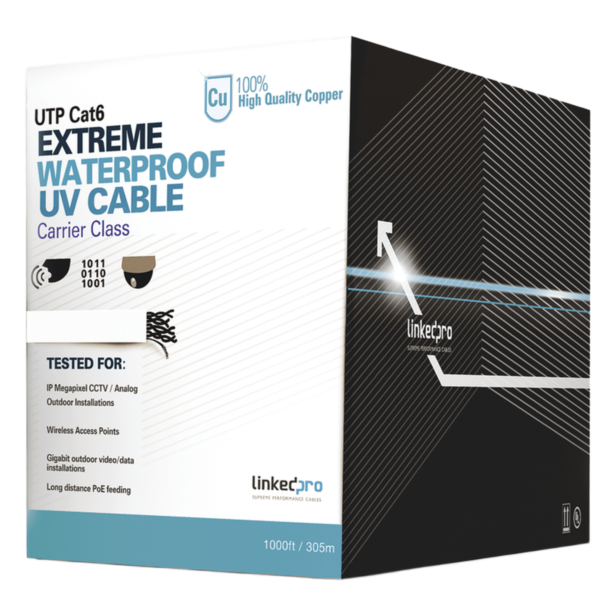 Bobina de Cable UTP Cat6 para Exterior / 305 Metros (1000 Pies) / 23 AWG Cobre Sólido / Certificado UL / Sin Blindaje / 1 Gbps / PoE Extendido — LINKEDPRO BY EPCOM · SKU PRO-CAT-6-EXT-LITEW