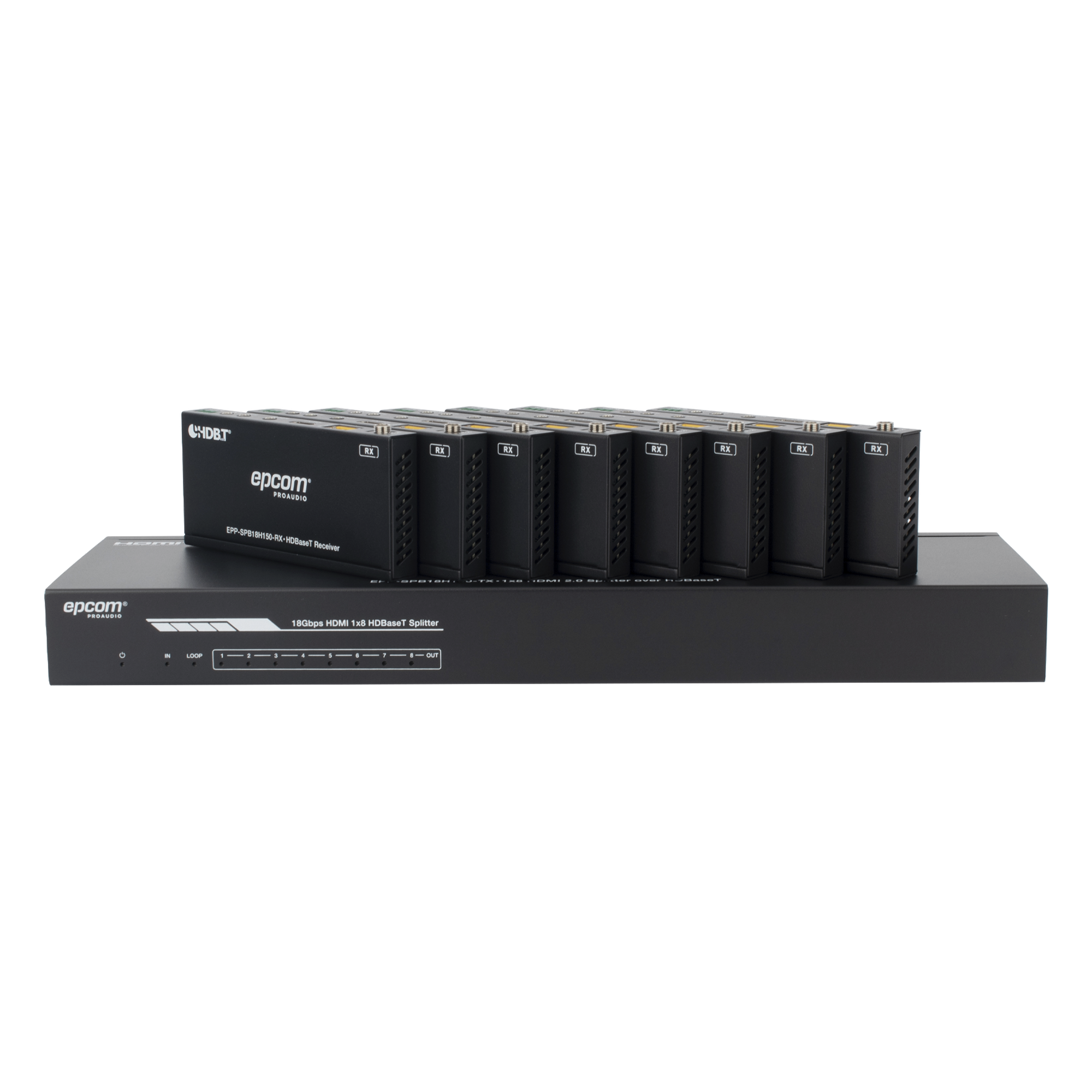 Splitter y Extensor de Video HDBaseT / 1x8 / 4K@60Hz 4:4:4 / 120 m (393.7 ft) en 4K / 150 m (492.1 ft) en 1080p / 18 Gbps / HDR10+ / PoC / IR y RS-232 — EPCOM PROAUDIO · SKU EPP-SPB18H150