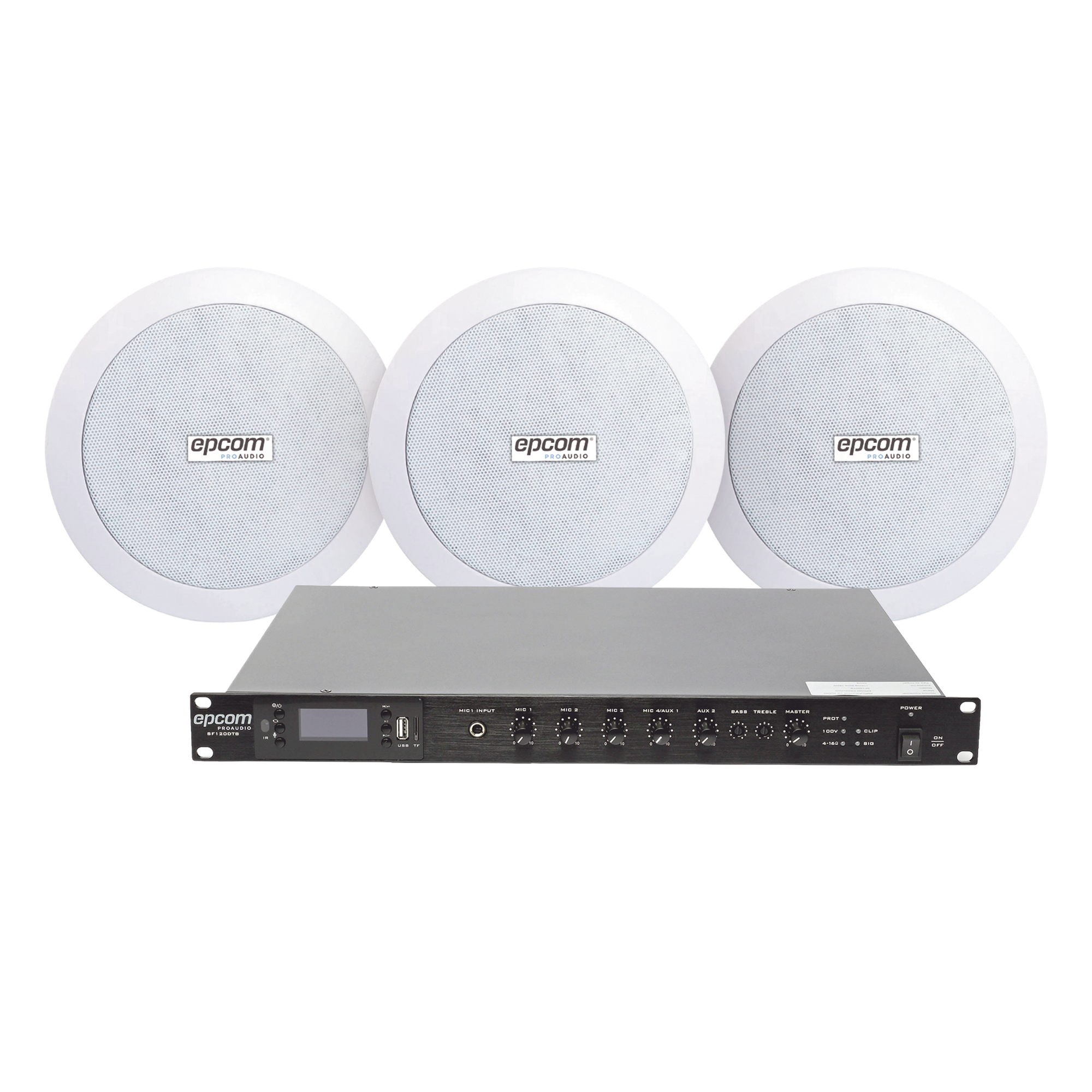 Kit de Amplificador de 120W RMS para Rack / Salida 100V/4Ω / 3 Altavoces de Plafón Coaxiales 5.5" / Sistema 70/100V / Bluetooth, MP3, USB, FM / 4 Entradas de Micrófono / Resistente a Humedad — EPCOM PROAUDIO · SKU SF120DTB/3CS