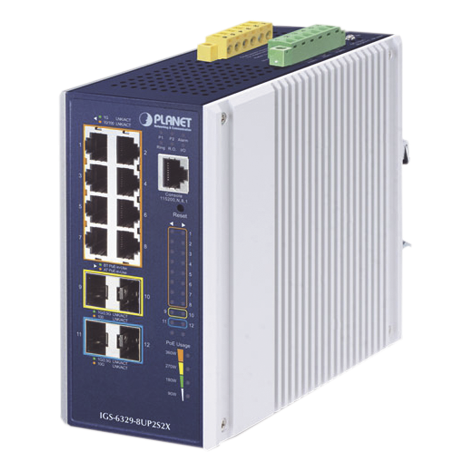 Switch Industrial Administrable Capa 3 / 8 Puertos PoE Gigabit 802.3bt / 2 Puertos SFP 1G/2.5G / 2 Puertos SFP 10G / IP30 / -40 a 75°C / 0.25 x 0.44 x 0.50 ft — PLANET · SKU IGS-6329-8UP2S2X
