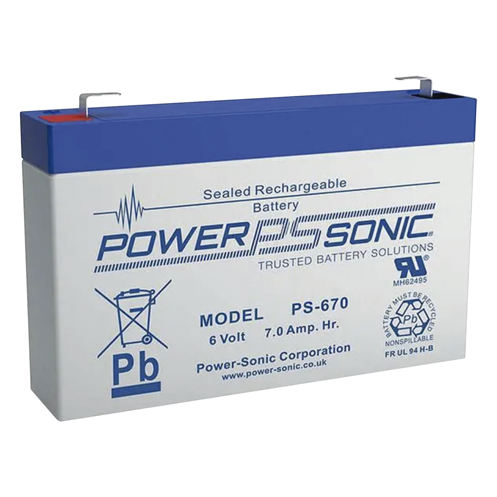 Batería AGM/VRLA Sellada / 6V 7Ah / Terminales F1 / Vida Útil 5 Años / Baja Autodescarga / Certificación UL — POWER SONIC · SKU PS-670-F1