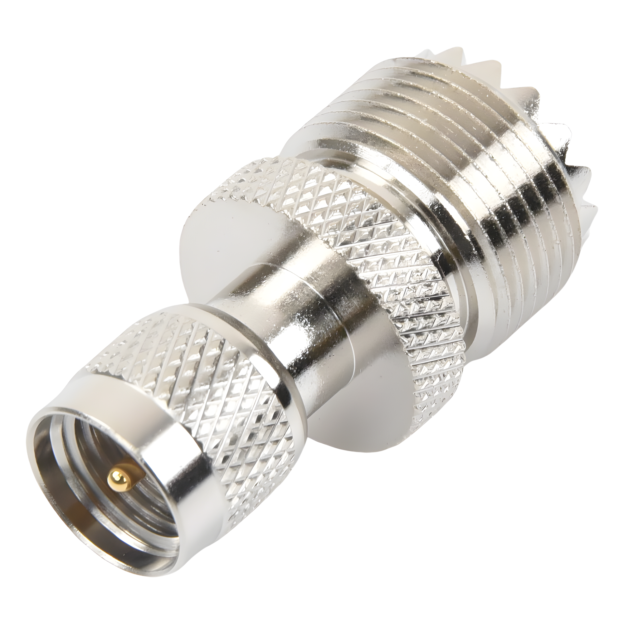 Adaptador Coaxial en Línea / Mini UHF Macho a UHF Hembra (SO-239) / Cuerpo Níquel / Contacto Oro / Aislante Teflón