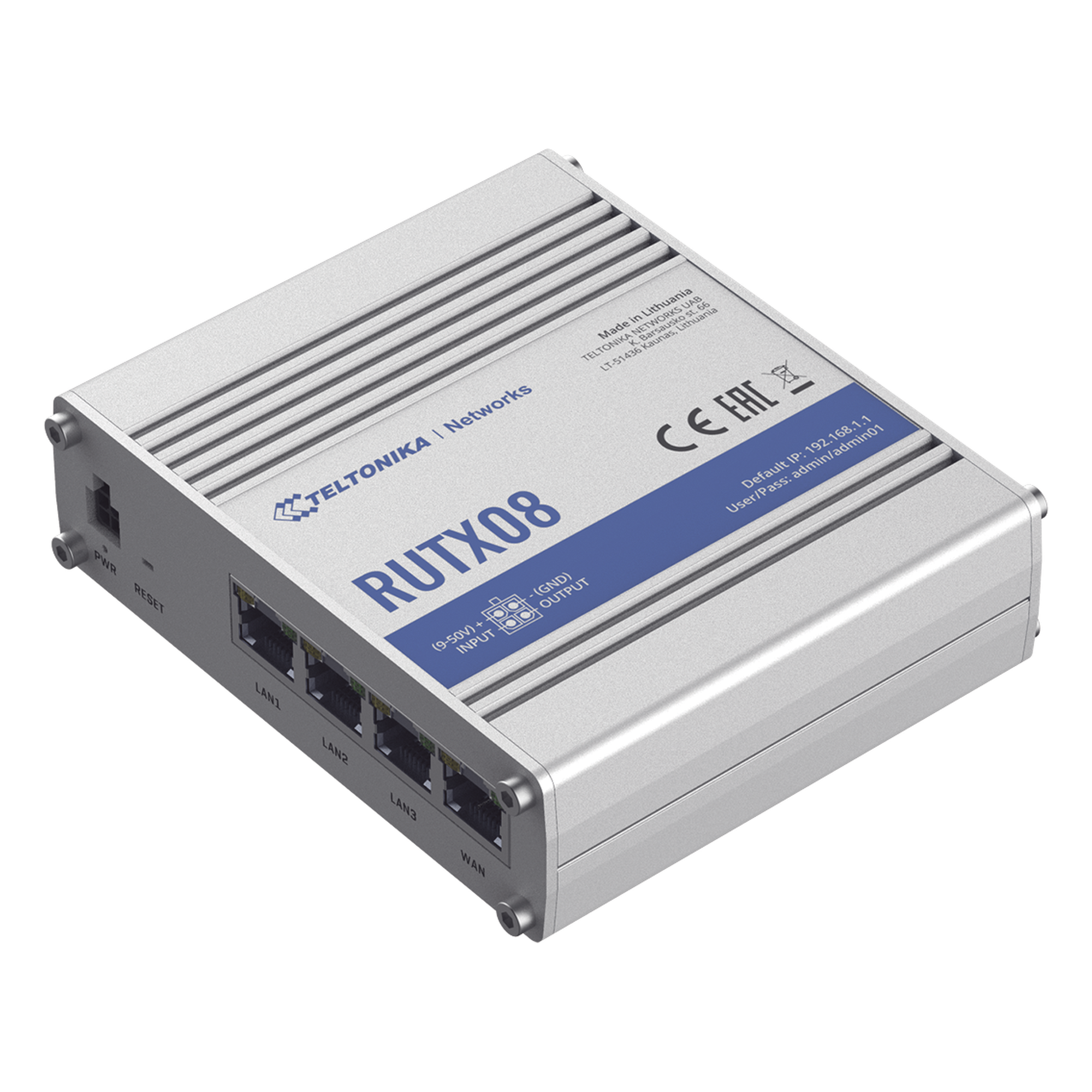 Router Industrial Ethernet VPN / 4 Puertos Gigabit / Quad-Core 717 MHz / 256 MB RAM / RMS / -40°C a 75°C (-40°F a 167°F) — TELTONIKA · SKU RUTX08