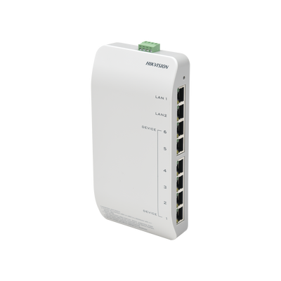 Distribuidor PoE (propietario) de Audio y Vídeo / Soporta Hasta 6 dispositivos / Compatible con Frente de Calle y Monitor IP HIKVISION