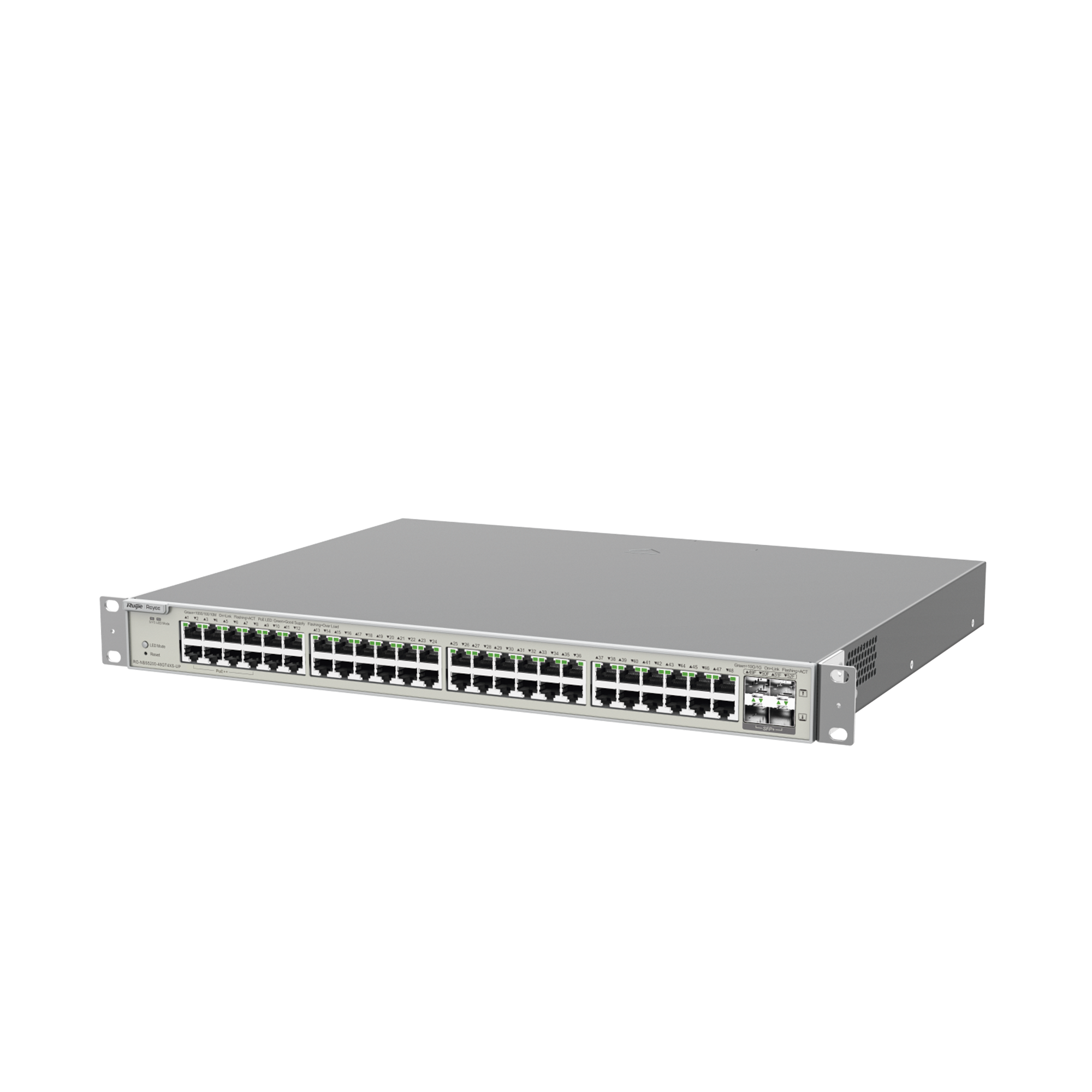 Switch Administrable Capa 3 / 48 Puertos Gigabit PoE+ / 4 SFP+ 10Gb / 176 Gb/s / 740W PoE / Protección 6 kV — RUIJIE · SKU RG-NBS5200-48GT4XS-UP