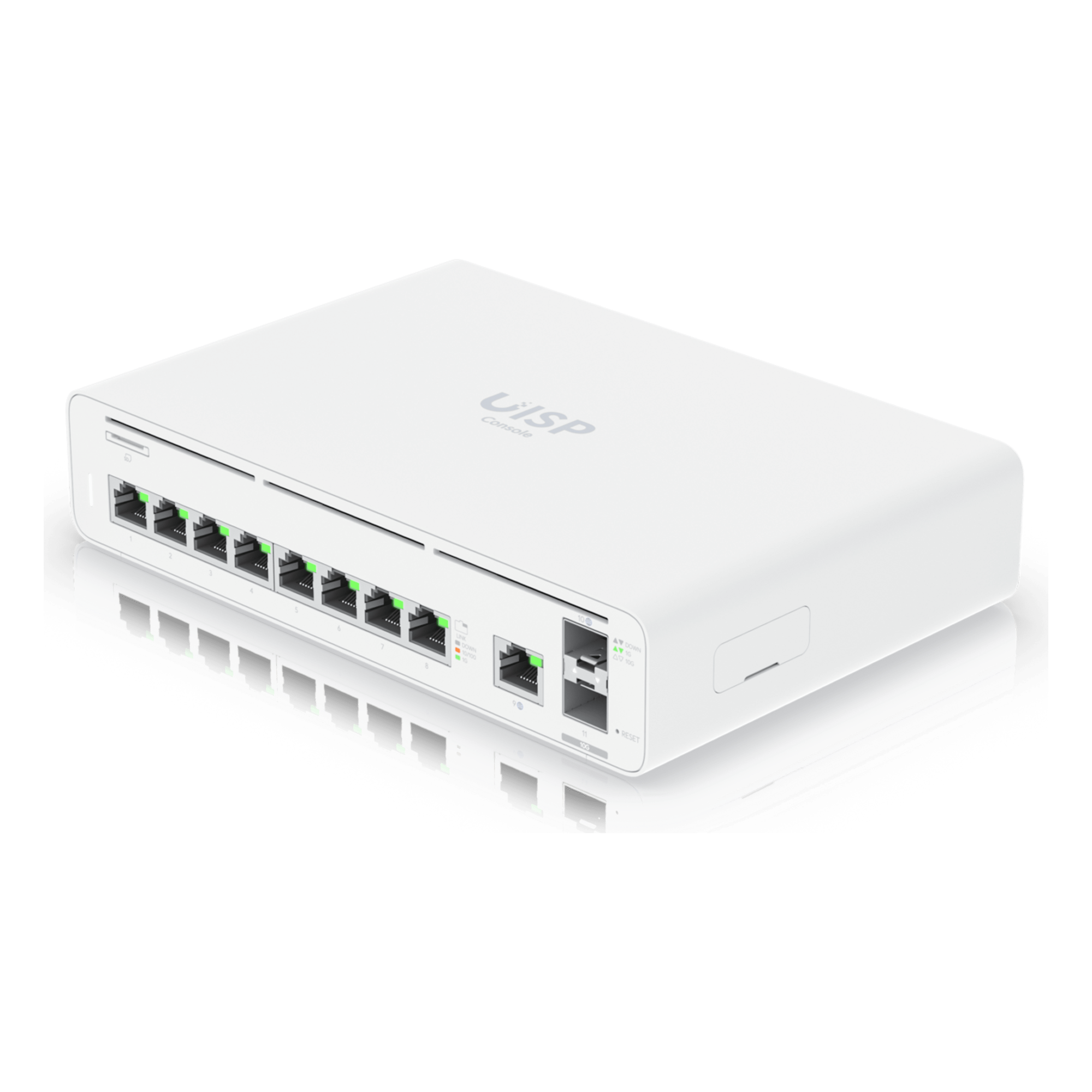 Consola Gateway-Switch / 8 Puertos LAN GbE RJ45 / 2 Puertos SFP+ 10G / Router WAN 1GbE / Rendimiento 8,500 Mbps / SSD 128 GB / Montaje Rack 1U — UBIQUITI · SKU UISP-CONSOLE