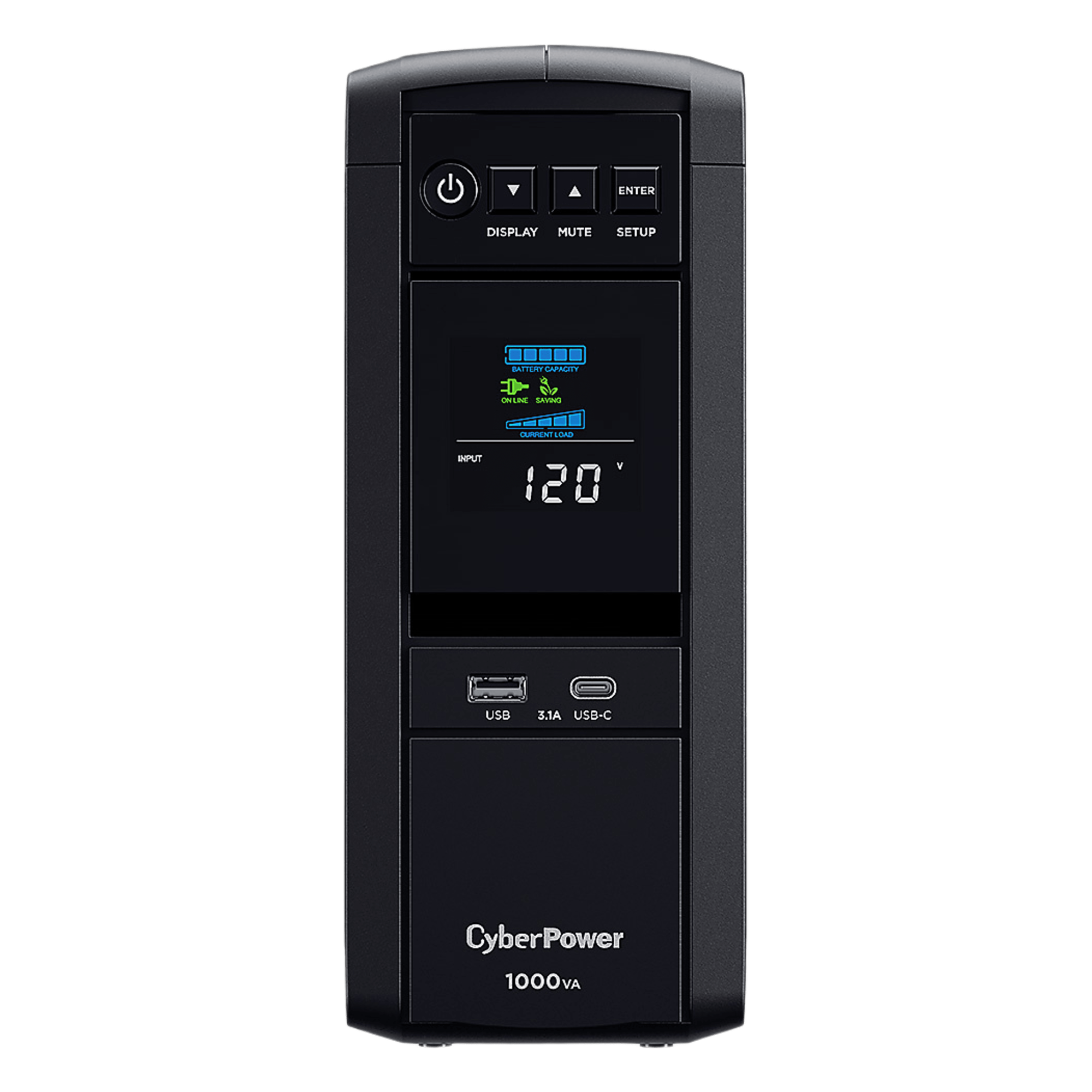 UPS de Torre / 1000 VA / 600 W / Onda Senoidal Pura / Línea Interactiva / 10 Tomas NEMA 5-15R / AVR / LCD Multifunción — CYBERPOWER · SKU CP1000PFCLCDA