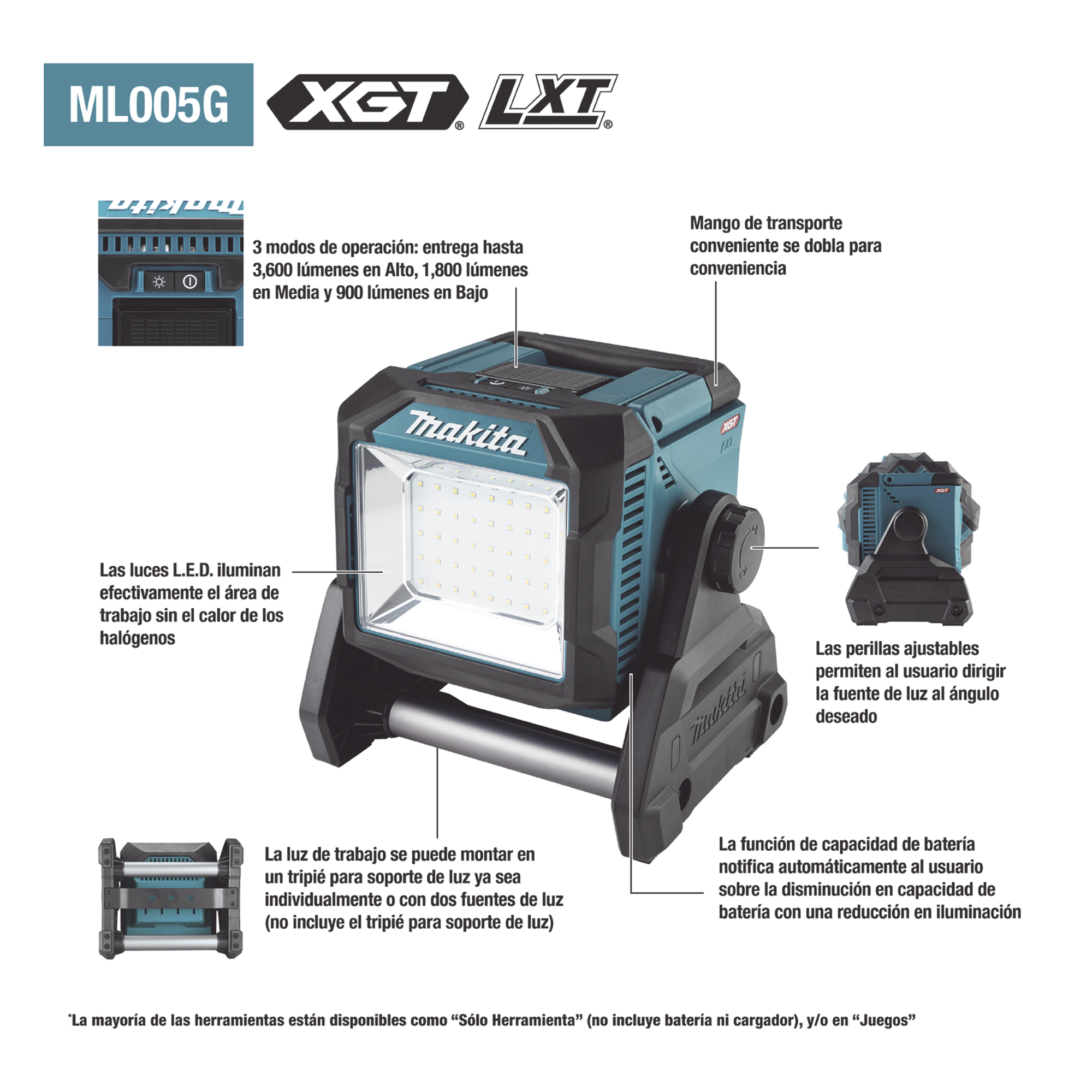 Luz de Trabajo LED Inalámbrica / 3,600 Lúmenes / Dual Voltaje 18V y 40V / IP65 / Tres Modos de Iluminación / 11-5/8' de Altura