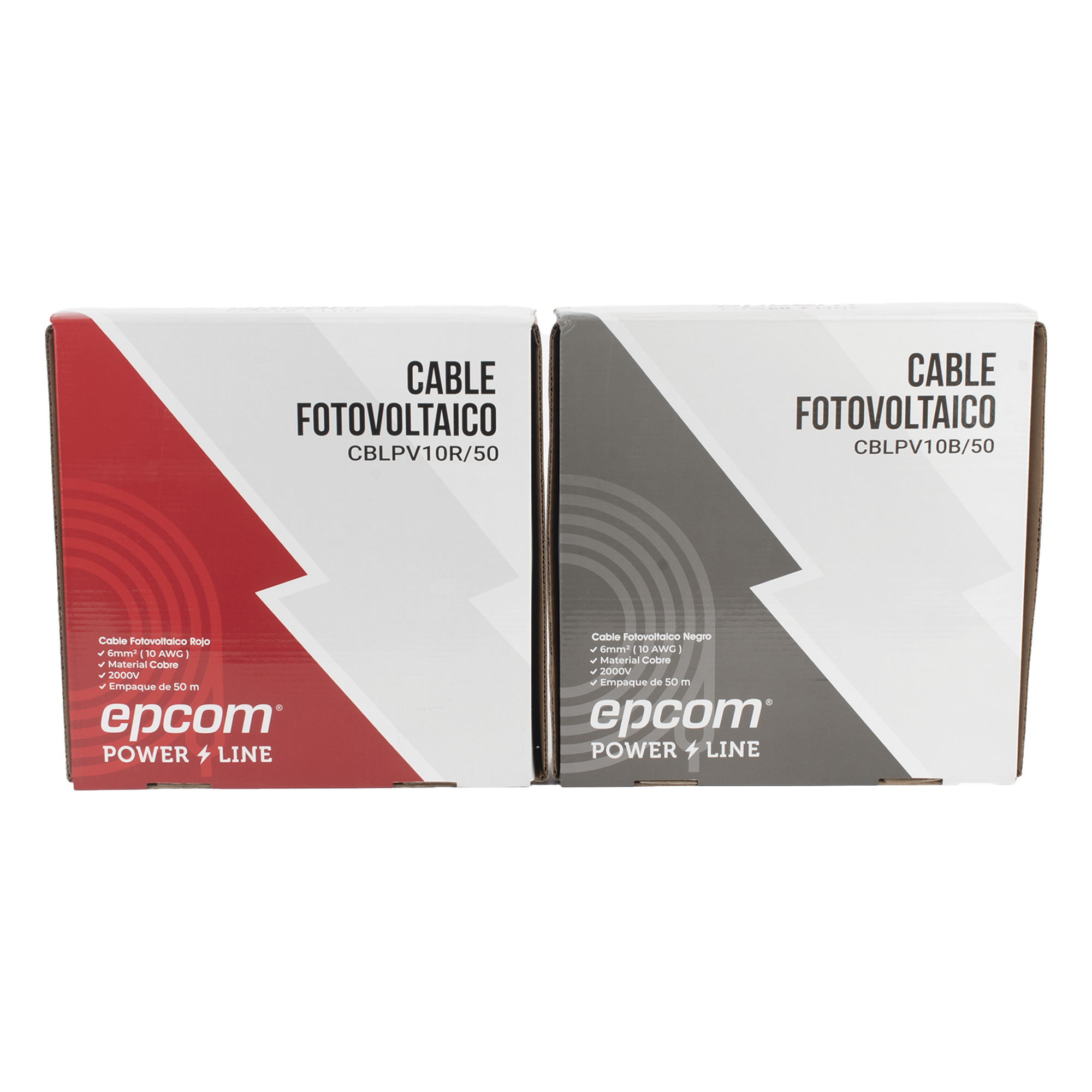 Cable Fotovoltaico / 6 mm² (10 AWG) / 1000/2000 V / 120°C / 50 m (164 ft) / Rojo y Negro / XLPE Resistente a UV — EPCOM POWERLINE · SKU KIT2CBLPV10RB/50