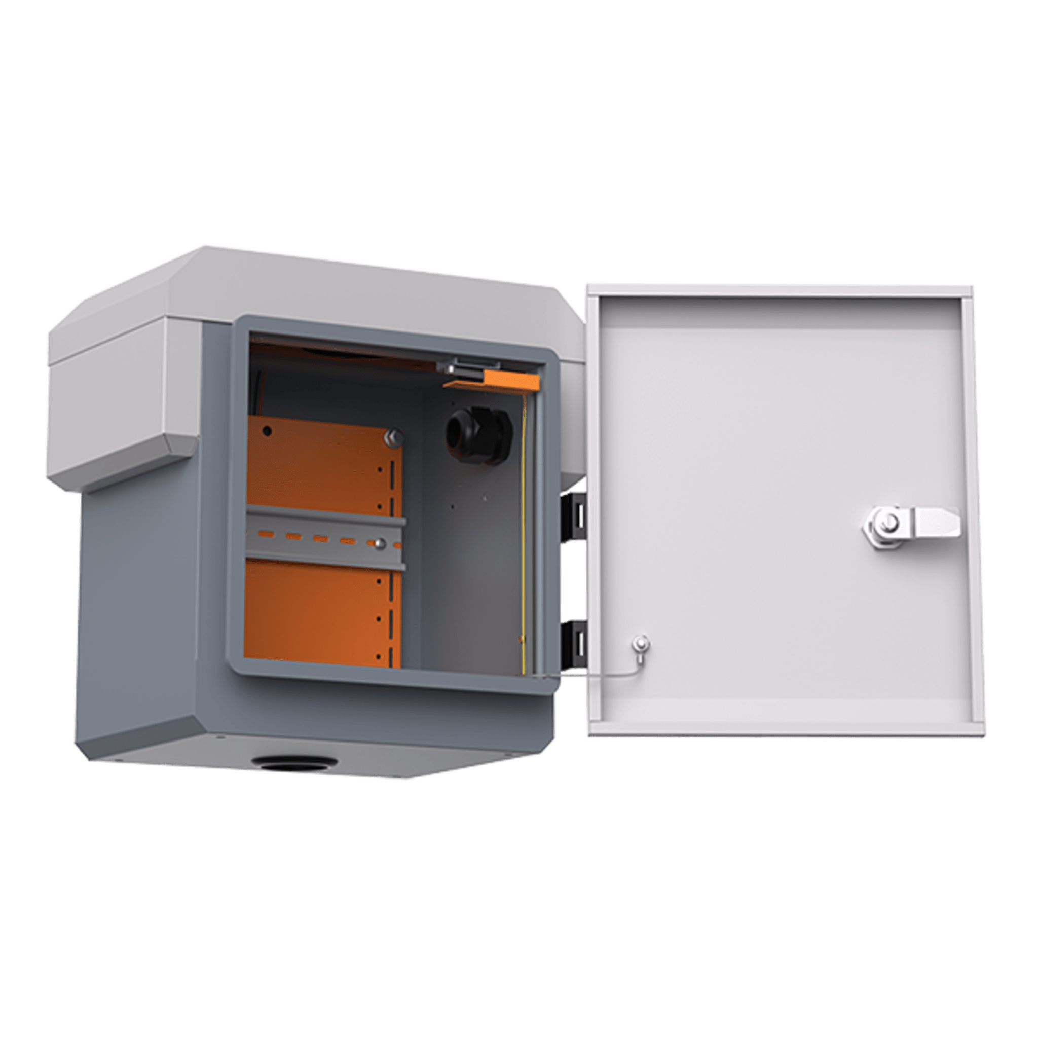 Gabinete de Protección IP55 / Acero SPCC / 250 x 250 x 180 mm / Rieles DIN / 4 Placas Laterales / Montaje Exterior