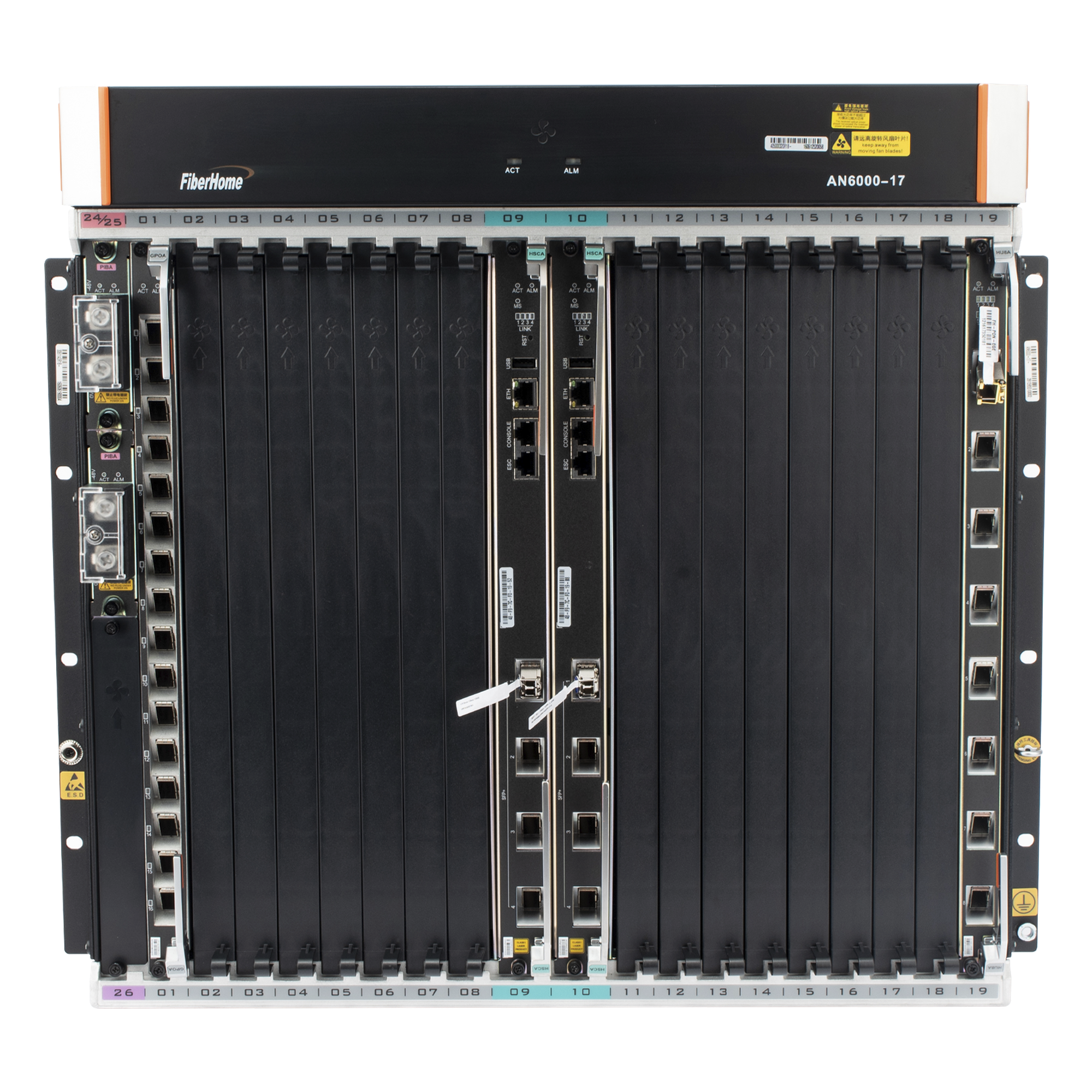 OLT Carrier Class Modular / 16 Ranuras de Servicio / 240 Puertos GPON o 120 XGPON / 6.8T Switching / 200G Slot Bandwidth / 16,000 ONTs / Rack 21" — FIBERHOME · SKU AN6000-17