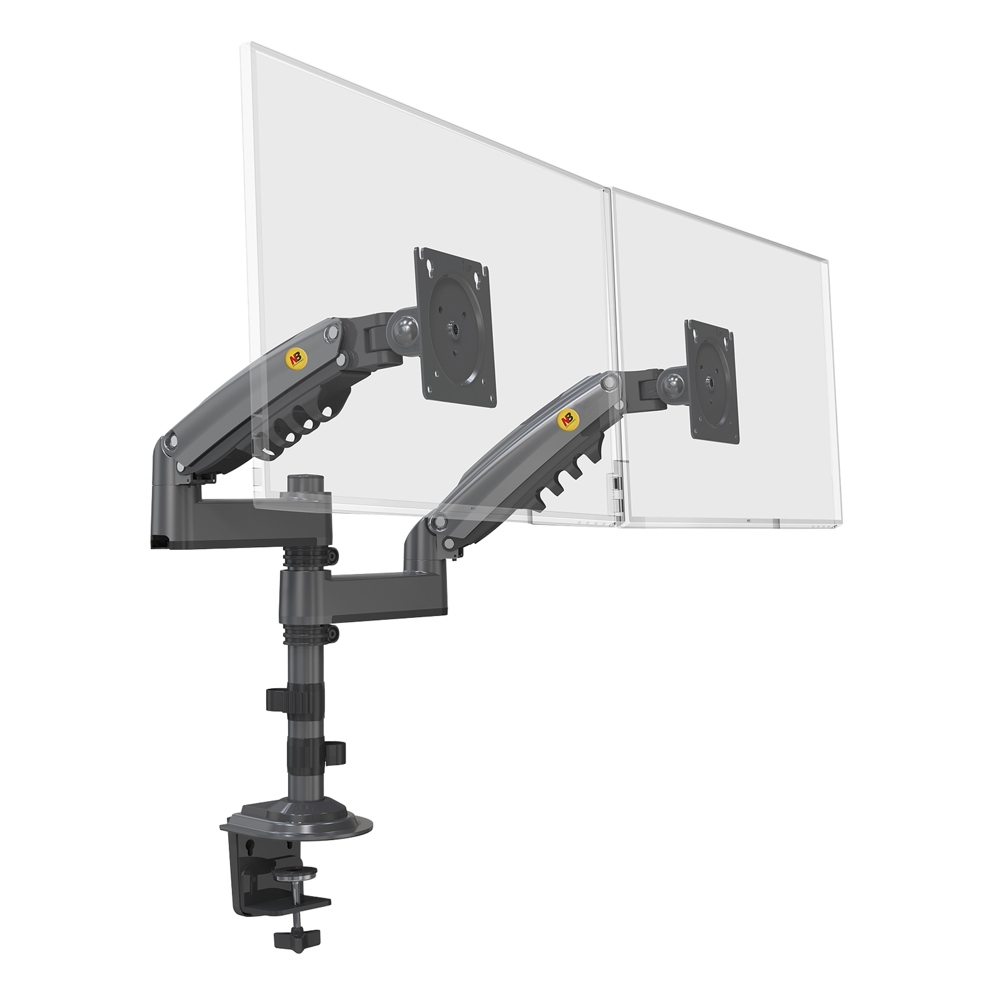 Brazo de Escritorio para 2 Monitores / 17 a 27 Pulgadas / Carga 9 kg por Monitor / VESA 75x75 y 100x100 / Rotación 360° / Amortiguador de Gas / Acero — NB-EPCOM · SKU H180GNB