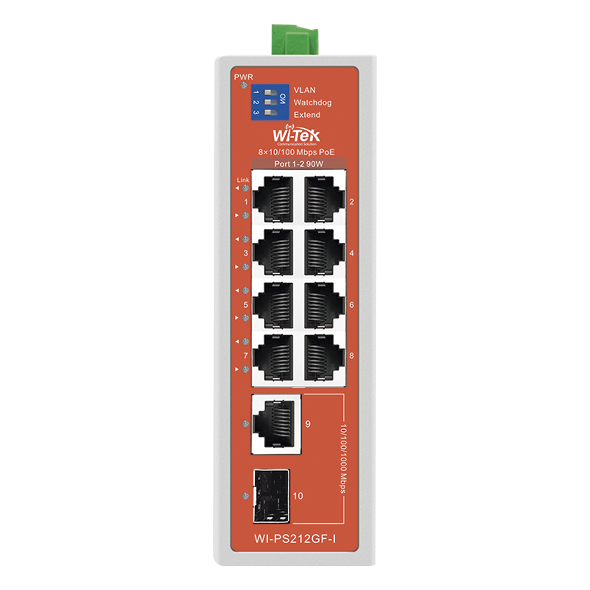 Switch Semi-Industrial / No administrable / 8 puertos 10/100 PoE af/at/bt / 1 puerto Gigabit RJ45 Uplink / 1 puerto SFP Uplink / Presupuesto PoE 110 Watts /