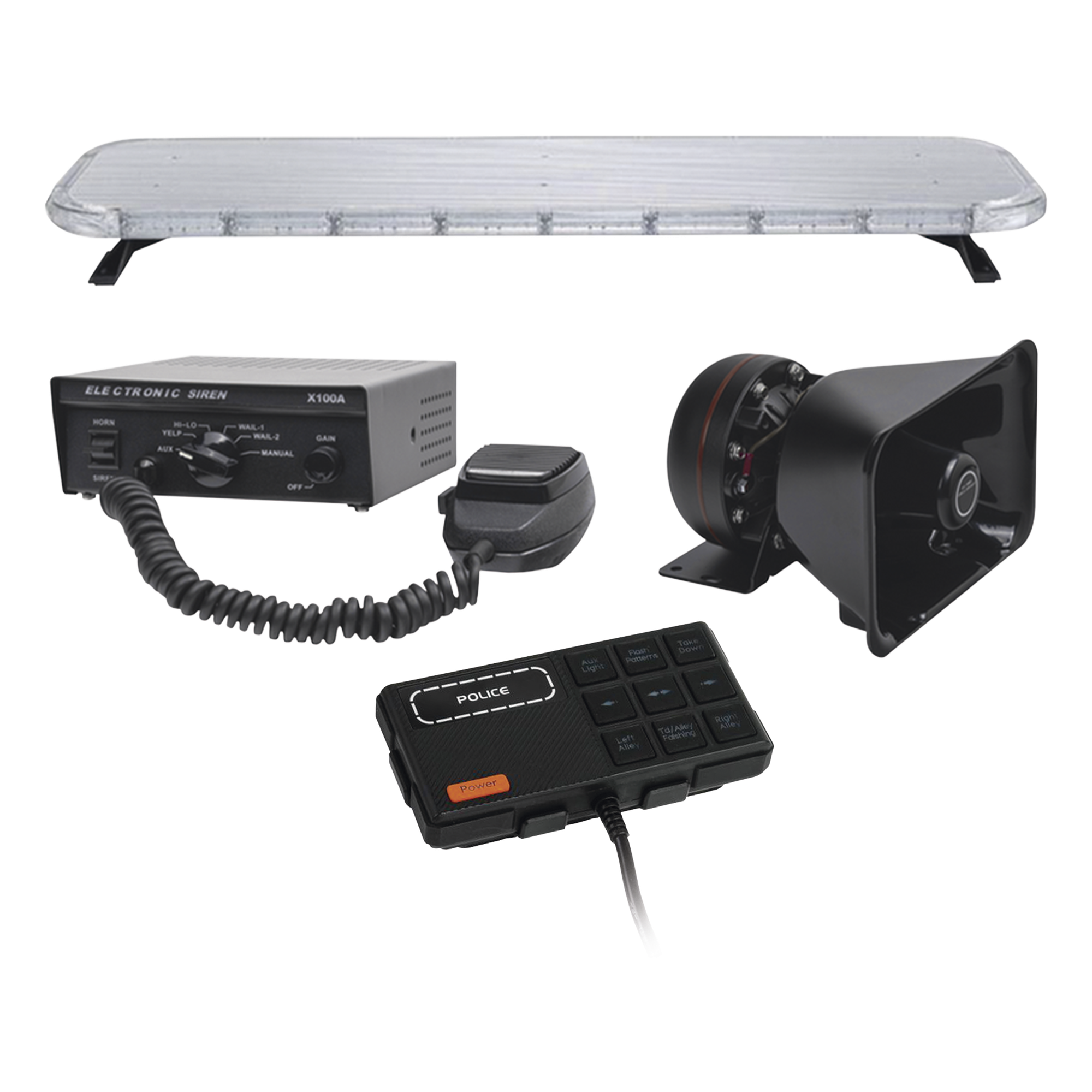 Kit de Equipamiento para Seguridad Pública / Barra LED 132 LEDs G3 / Sirena 100 W / Bocina 100 W / IP65 / 116.84 cm (3.83 ft) de Largo — EPCOM INDUSTRIAL SIGNALING · SKU X75RBSKIT