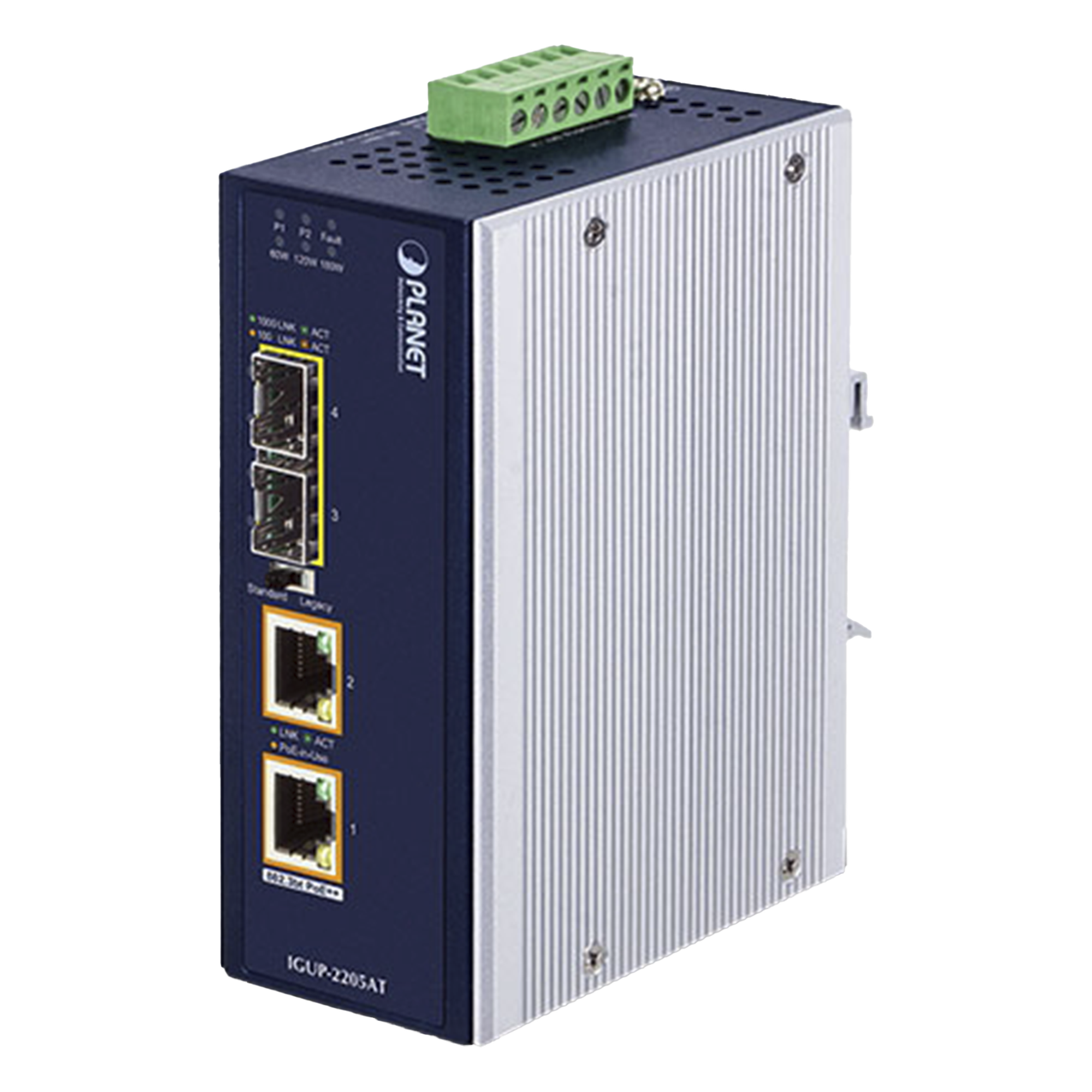 Convertidor de Medios Industrial / 2 SFP 100/1000X / 2 RJ45 10/100/1000T / PoE++ 802.3bt / 95W por puerto / -40 a 75 °C / IP30 / 12-56V CC — PLANET · SKU IGUP-2205AT
