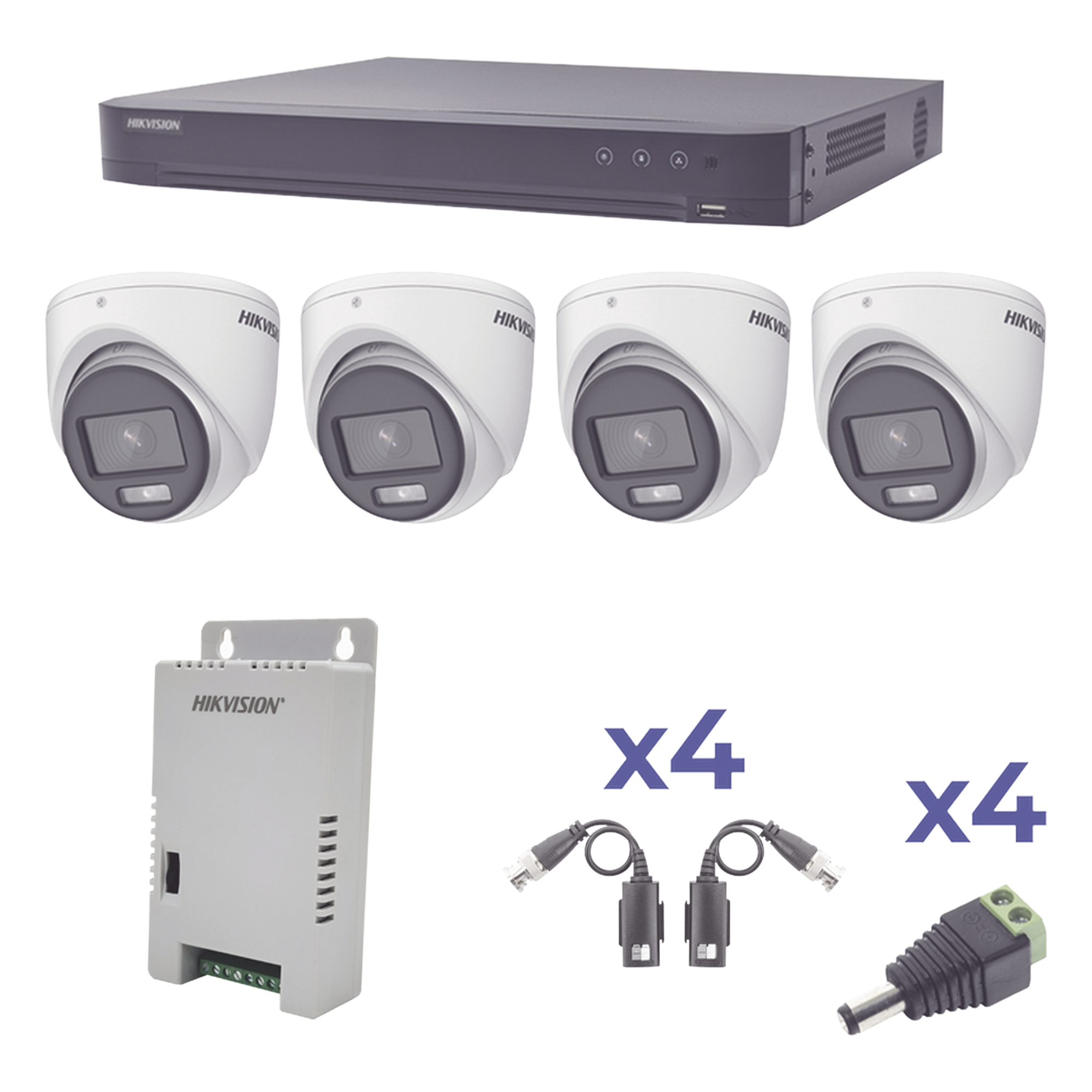 Kit TurboHD ColorVu / DVR 4 Canales / 4 Cámaras 1080p / Exterior 2.8 mm / 98° / Fuente Regulada / Transceptores UTP — HIKVISION · SKU KH1080P4EC