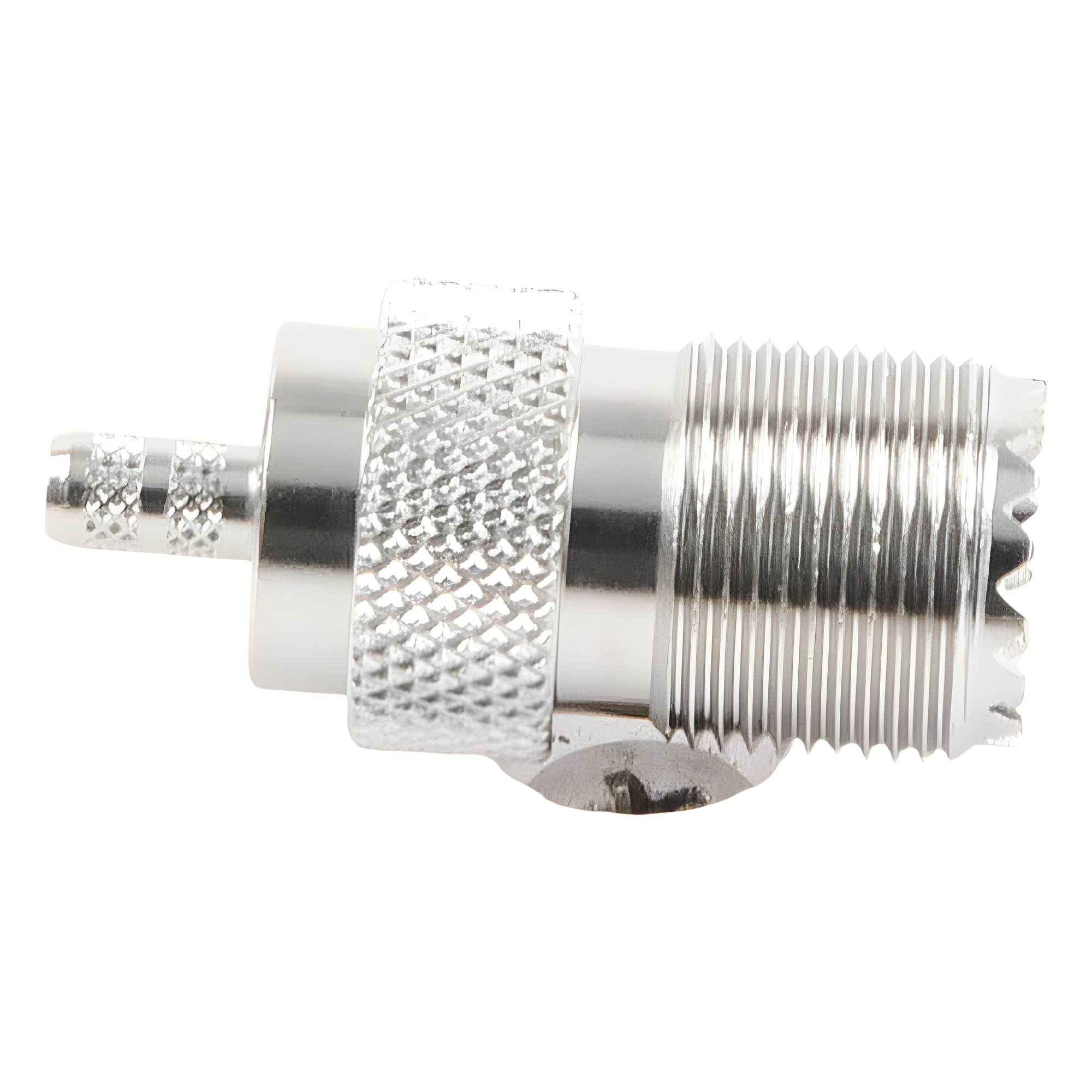 Conector UHF Hembra / SO-239 / Anillo Plegable / Cable RG-58/U y RG-142/U / Níquel y Plata / Delrin