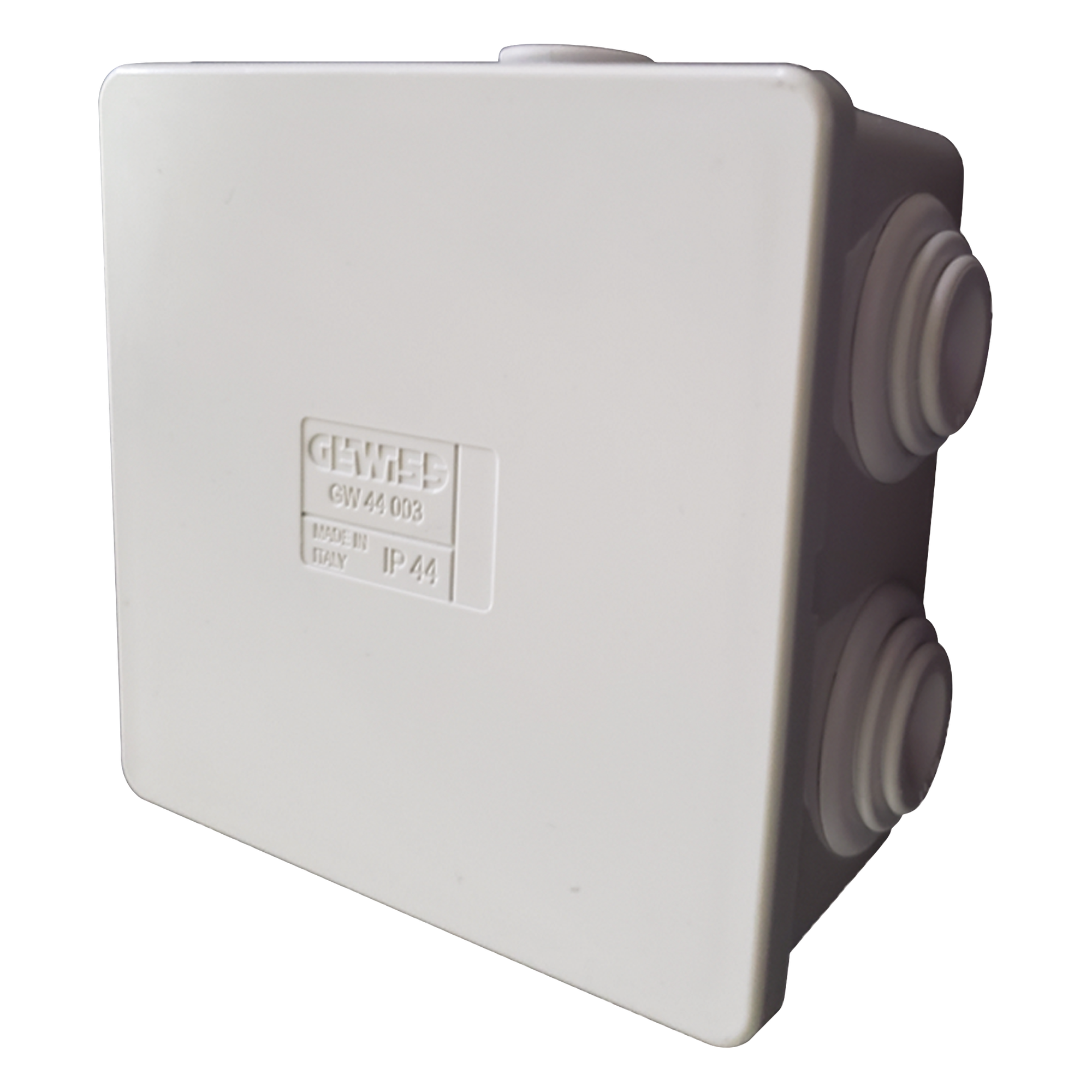 Caja Estanca de Derivación / 6 Entradas Ø23 mm / IP44 / IK07 / 80×80×40 mm / Tapa a Presión / Libre de Halógenos — GEWISS · SKU GW-44-003