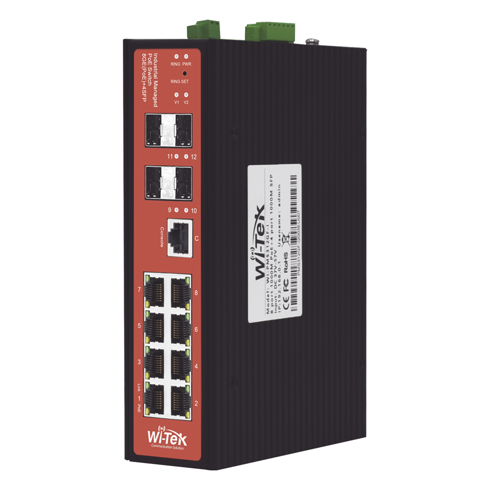 Switch PoE Industrial Administrable / 8 Puertos Gigabit + 4 SFP / PoE Mixto 24V/48V / 802.3af/at/bt 60W / Protección 8kV / Riel DIN / -40°C a 80°C — WI-TEK · SKU WIPMS312GFIV2