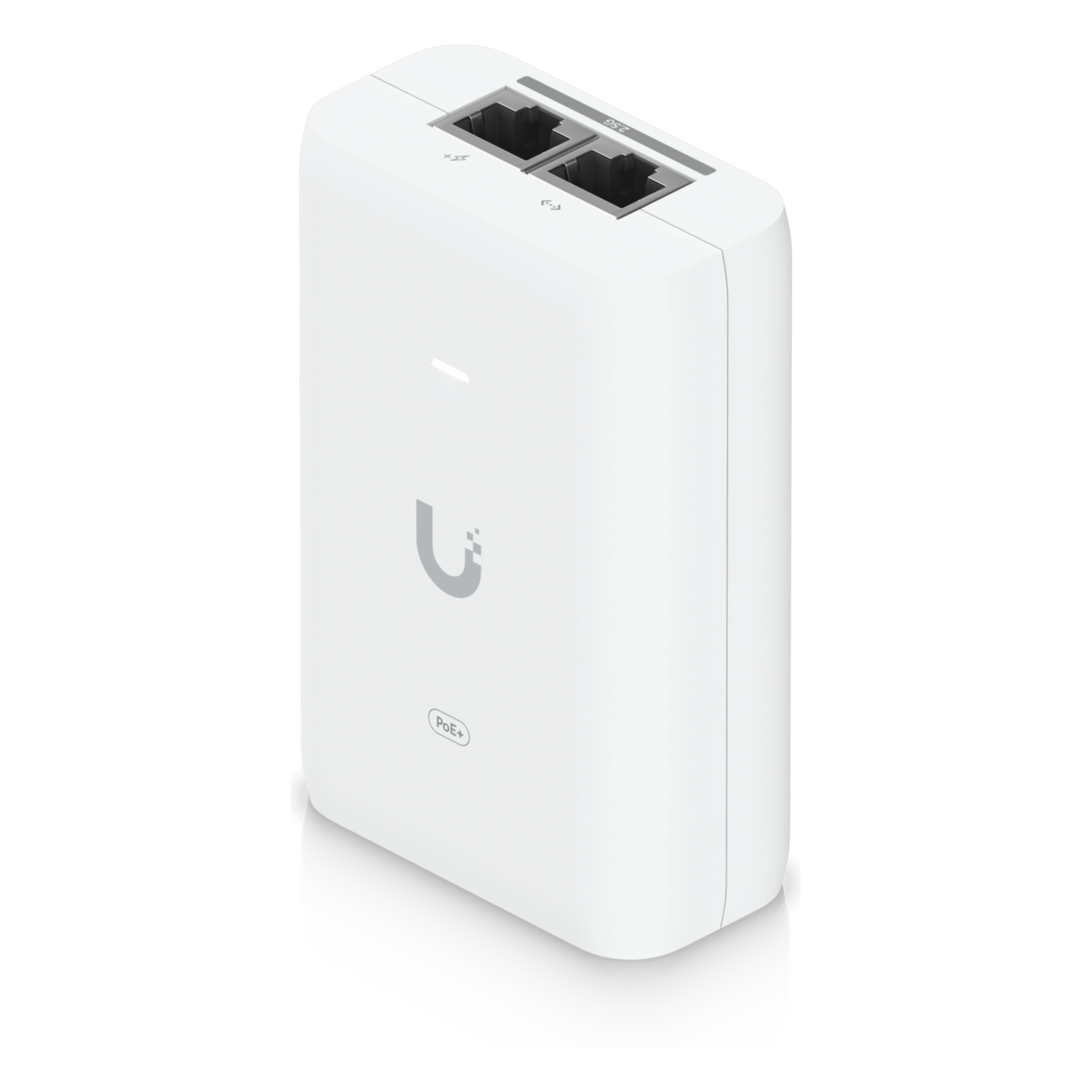 Adaptador PoE+ / 30 W / 2.5 Gbps / 48V 0.65A / (2) Puertos RJ45 Blindados / LED Indicador / Protección contra Sobretensiones — UBIQUITI · SKU UACC-POE+-2.5G