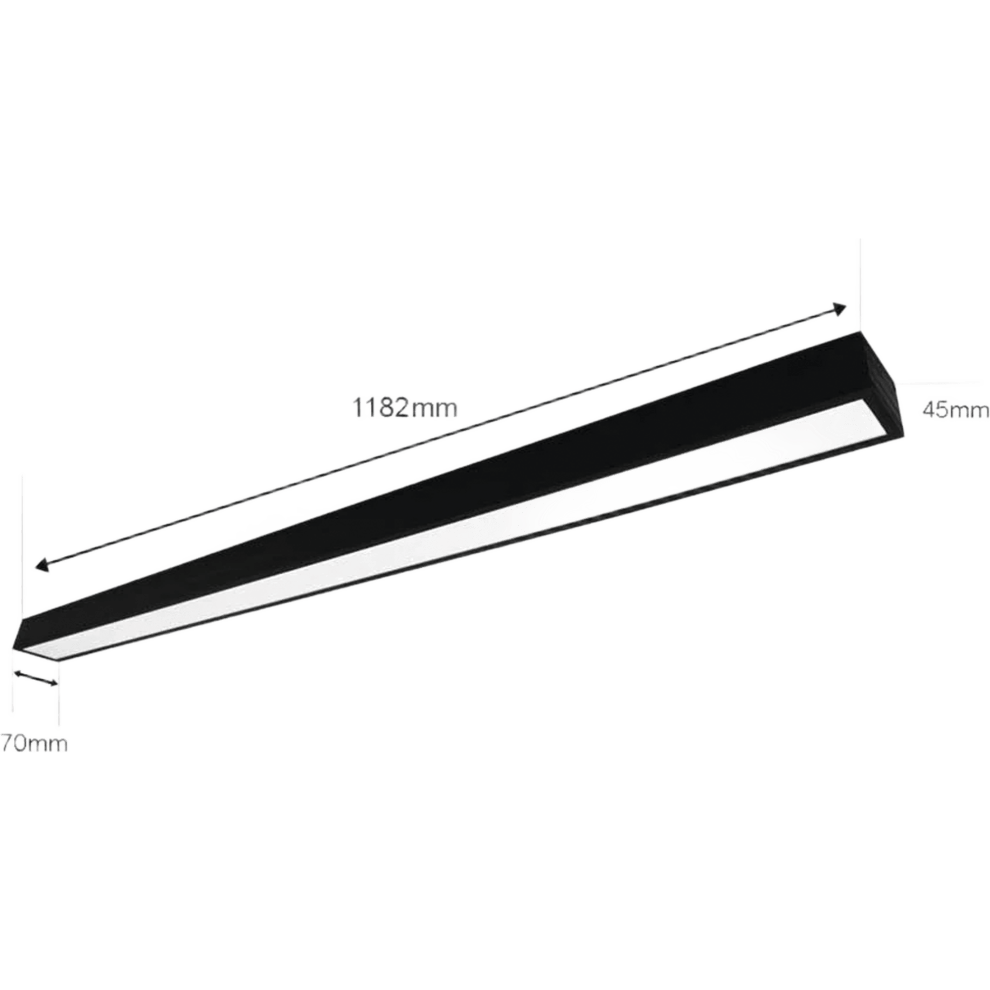 Panel LED Suspendido 22 W / 127 Vca~60Hz / Flujo luminoso 1 980 lm / Medidas 1182 x 70 x 45 mm  / TCC 6 500 K / Ángulo de Luz de 140°.