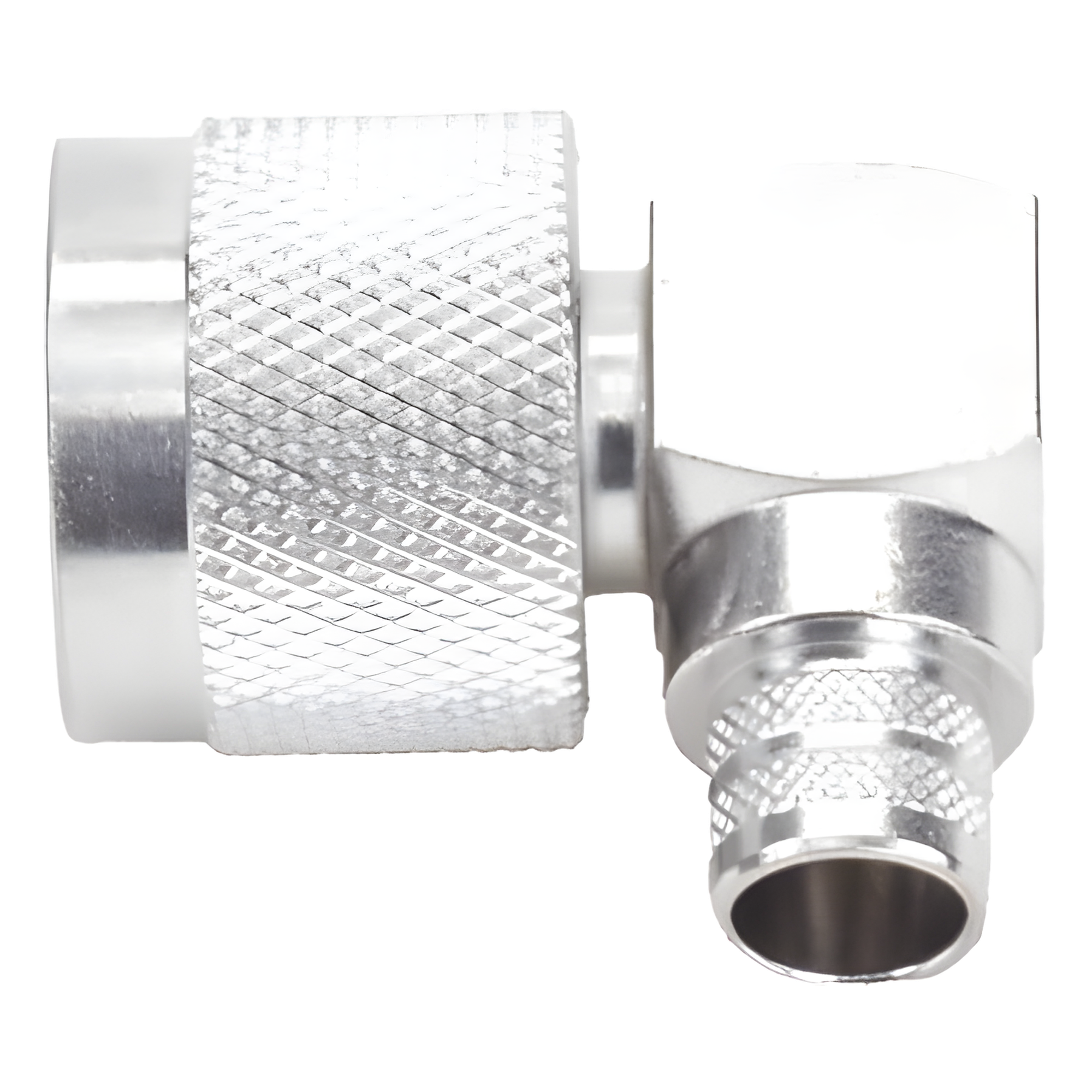 Conector Coaxial N Macho / Ángulo Recto / Anillo Plegable / Cables LMR-400 y Equivalentes / Cuerpo Bronce Plateado / Contacto Oro / Aislante Teflón