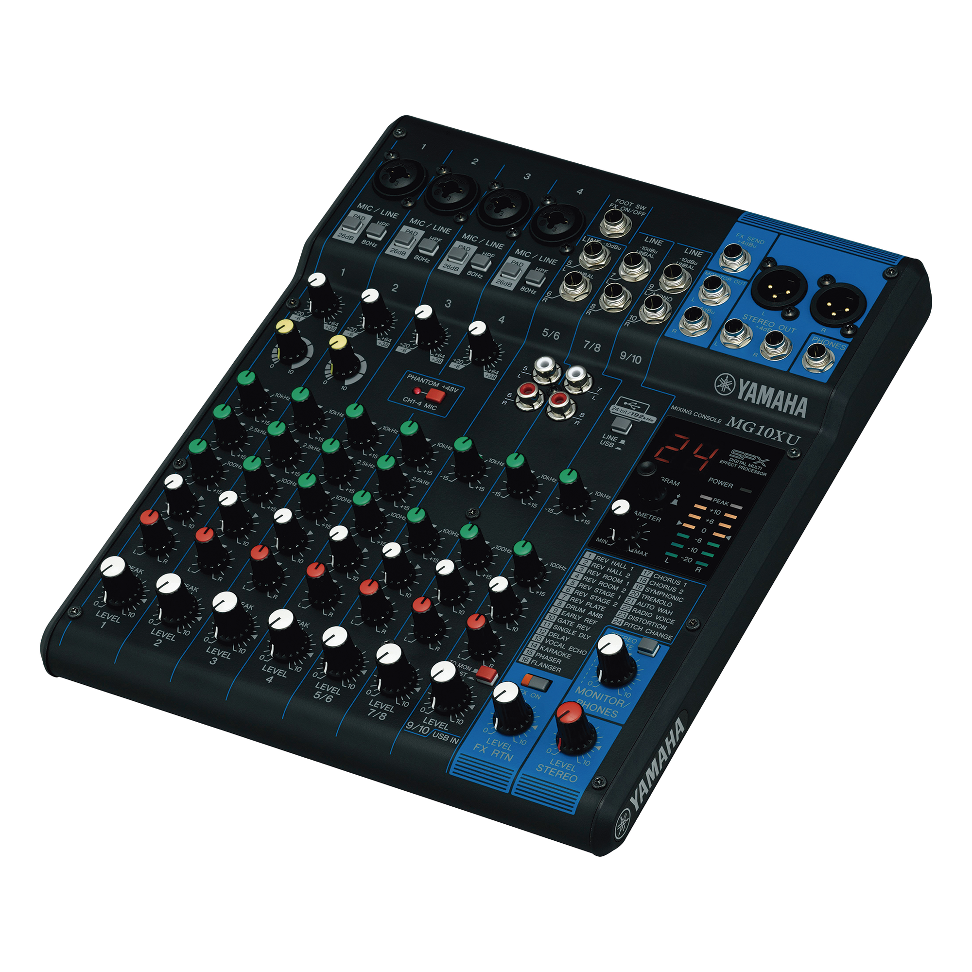 Mezcladora de Audio / 10 Canales / 4 Entradas Micrófono-Línea / 3 Entradas Estéreo / Efectos SPX 24 Programas / USB 24-bit/192 kHz / Phantom Power — YAMAHA · SKU MG-10XU