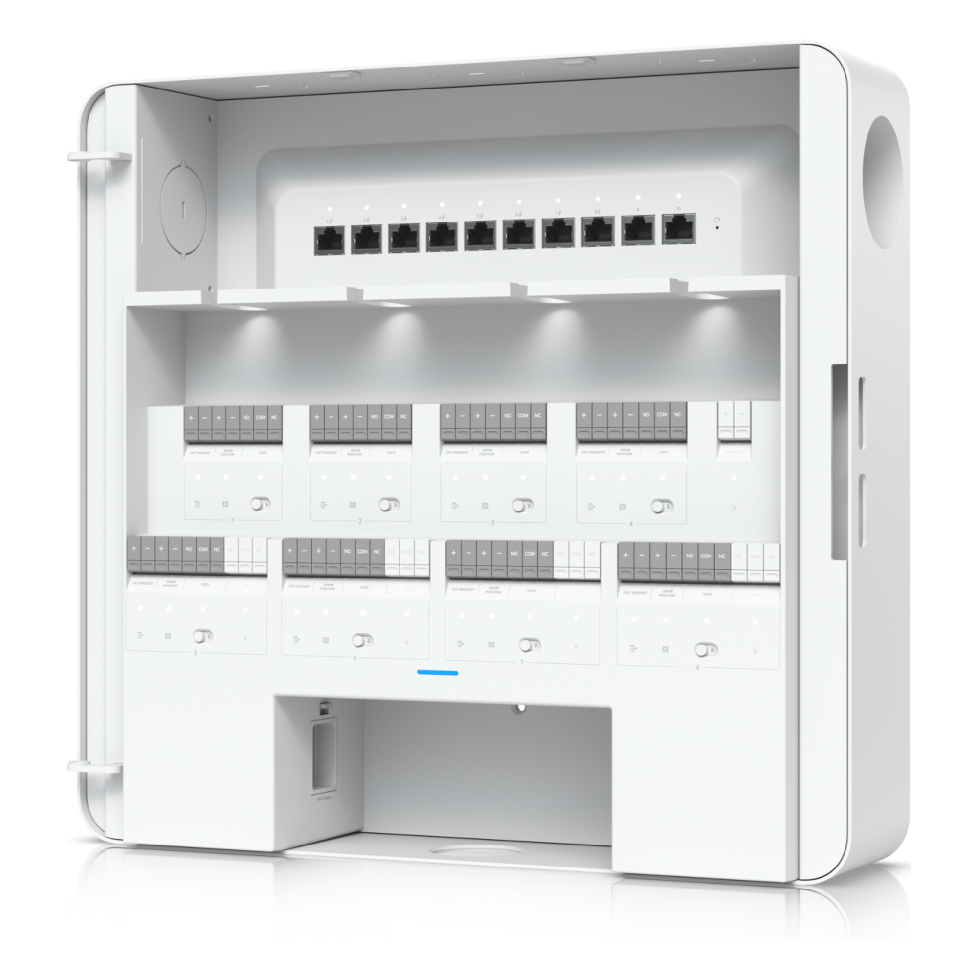 Concentrador de Acceso Empresarial / Control de 8 Puertas / 8 Puertos PoE / Respaldo de Batería 32-48 VCC / Carcasa de Acero y Policarbonato