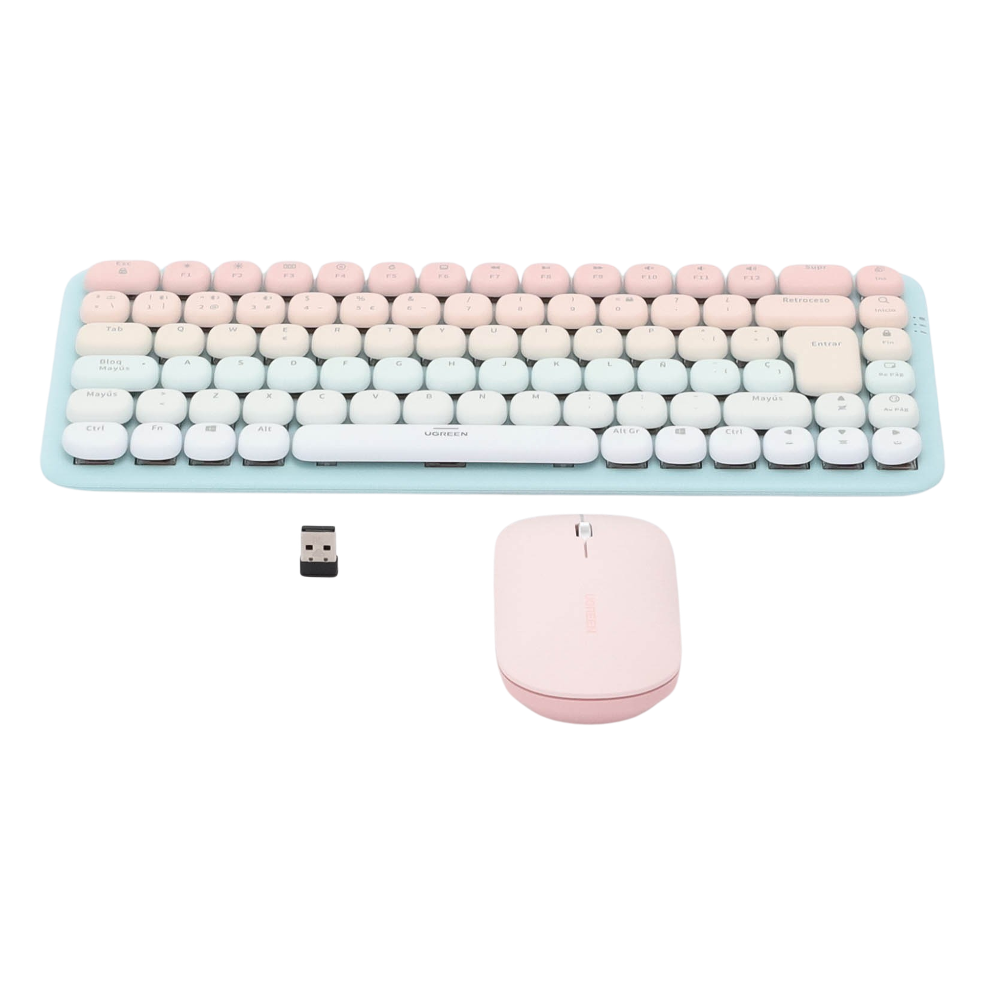 Paquete de Teclado y Mouse | 85 teclas en Español | Bluetooth y 2.4GHz |  Mouse Ambidiestro  | Sensor de DPI ajustable | Efectos de Iluminación del Teclado | Amplia compatibilidad | Color Rosa.