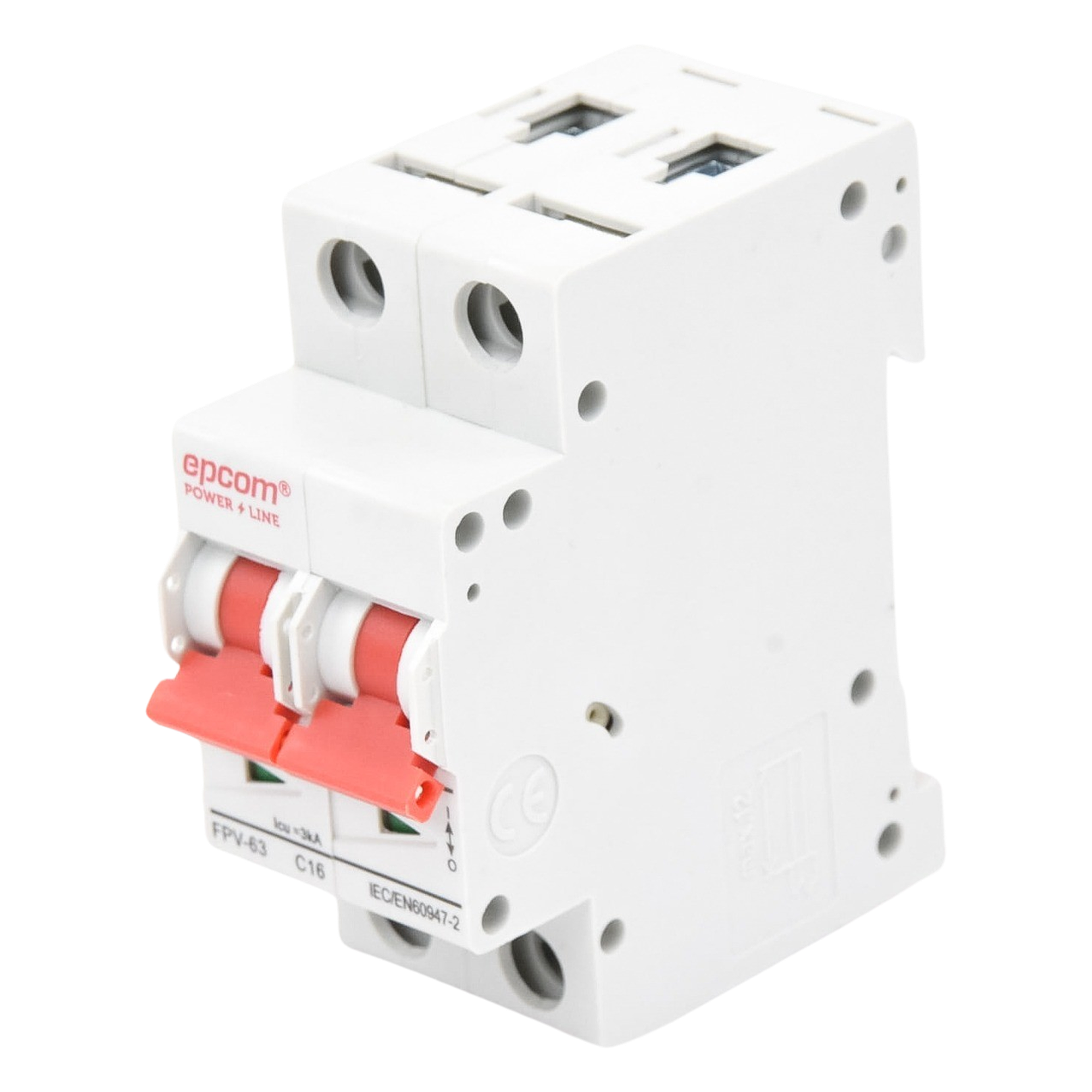 Protección Térmica/ Interruptor 2P, 16A,  Corriente Directa  800 Vcc para Aplicación Fotovoltaica Montaje Riel DIN — EPCOM POWERLINE · SKU FPV63