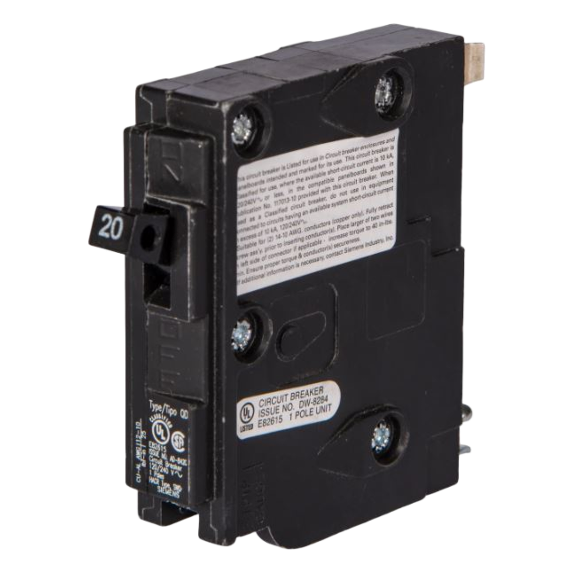 Interruptor Automático Enchufable / 1 Polo / 20 A / 120 VCA / Capacidad Interruptiva 10 kA — SIEMENS · SKU D120EE