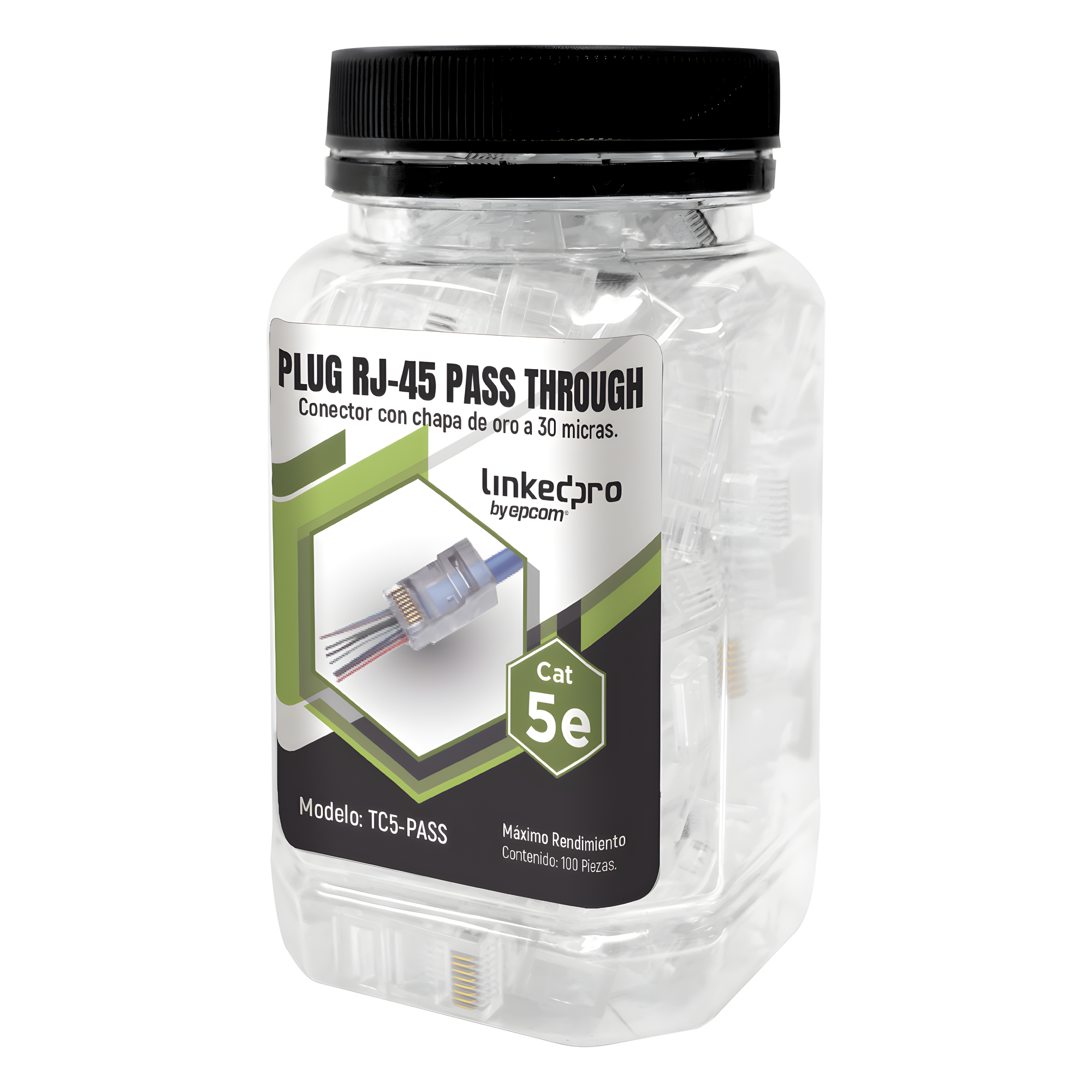 Plug Pass Through RJ45 Cat5e / Sin Blindaje / Chapado Oro 30 Micras / Calibre 24AWG / 100 Piezas — LINKEDPRO BY EPCOM · SKU TC5-PASS