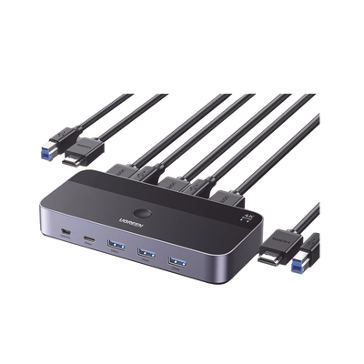 Conmutador KVM HDMI 4K | HDMI 2.0 | 2 Entradas 1 Salida | 4 Puertos USB 3.0 (3 USB-A *1 USB-C) | Soporta 4K@60Hz | HDR | Indicador Led | Compatible Win, MacOs y Linux | Carcasa de Aluminio.