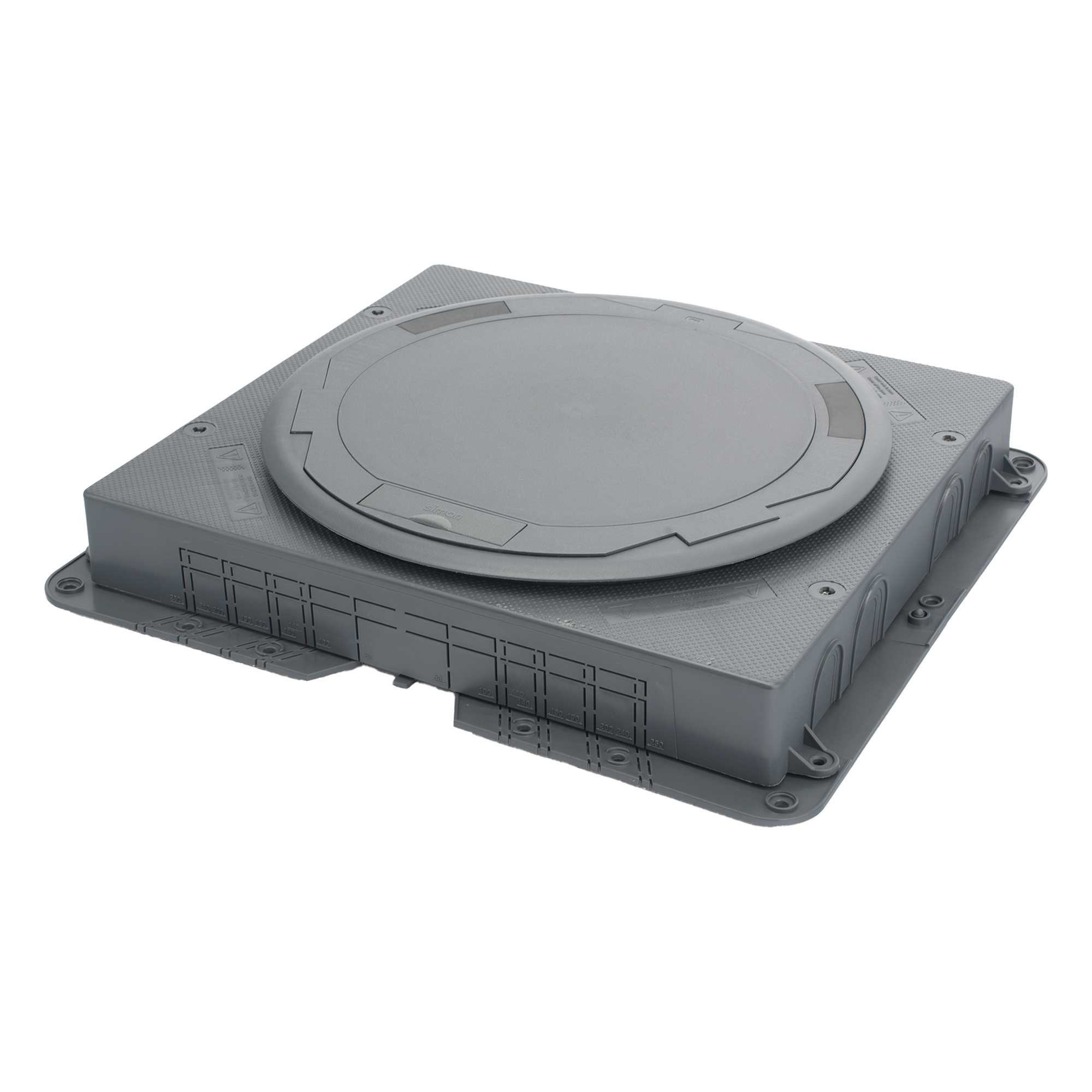 Caja de Instalación Empotrada / Profundidad Reducida / Cubeta para Concreto / Acabado al Ras del Piso / Mecanismos Energía y Datos — SIMON · SKU SM-CPR-3M