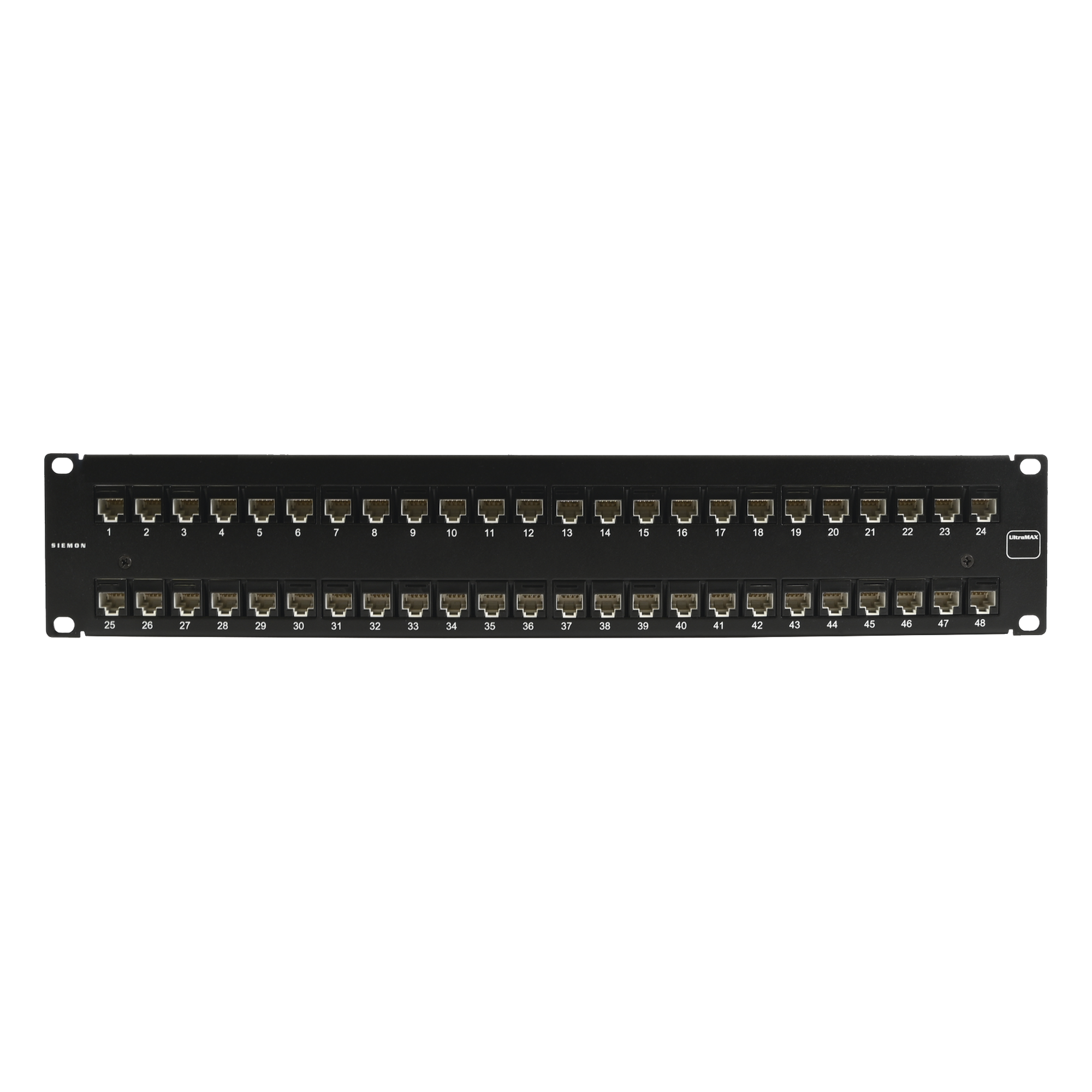 Patch Panel / UTP Cat5e / 48 Puertos / Plano / 2U / 19" Rack / -10 a 60 °C / UL94 V-0 — SIEMON · SKU UP5-F2-48L-RS
