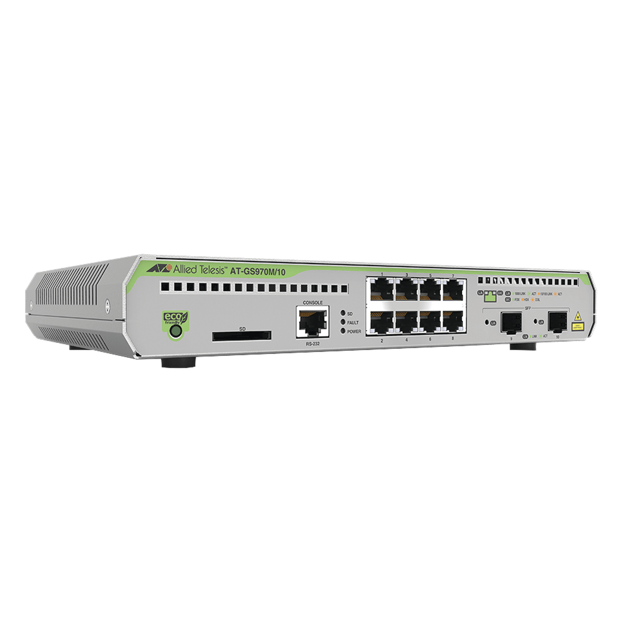 Switch Administrable Capa 3 / 8 Puertos RJ-45 10/100/1000 Mbps / 2 Puertos SFP Gigabit / 20 Gbps Switching Fabric / 1U Rack / 1.08 x 0.75 x 0.14 ft — ALLIED TELESIS · SKU AT-GS970M/10-10
