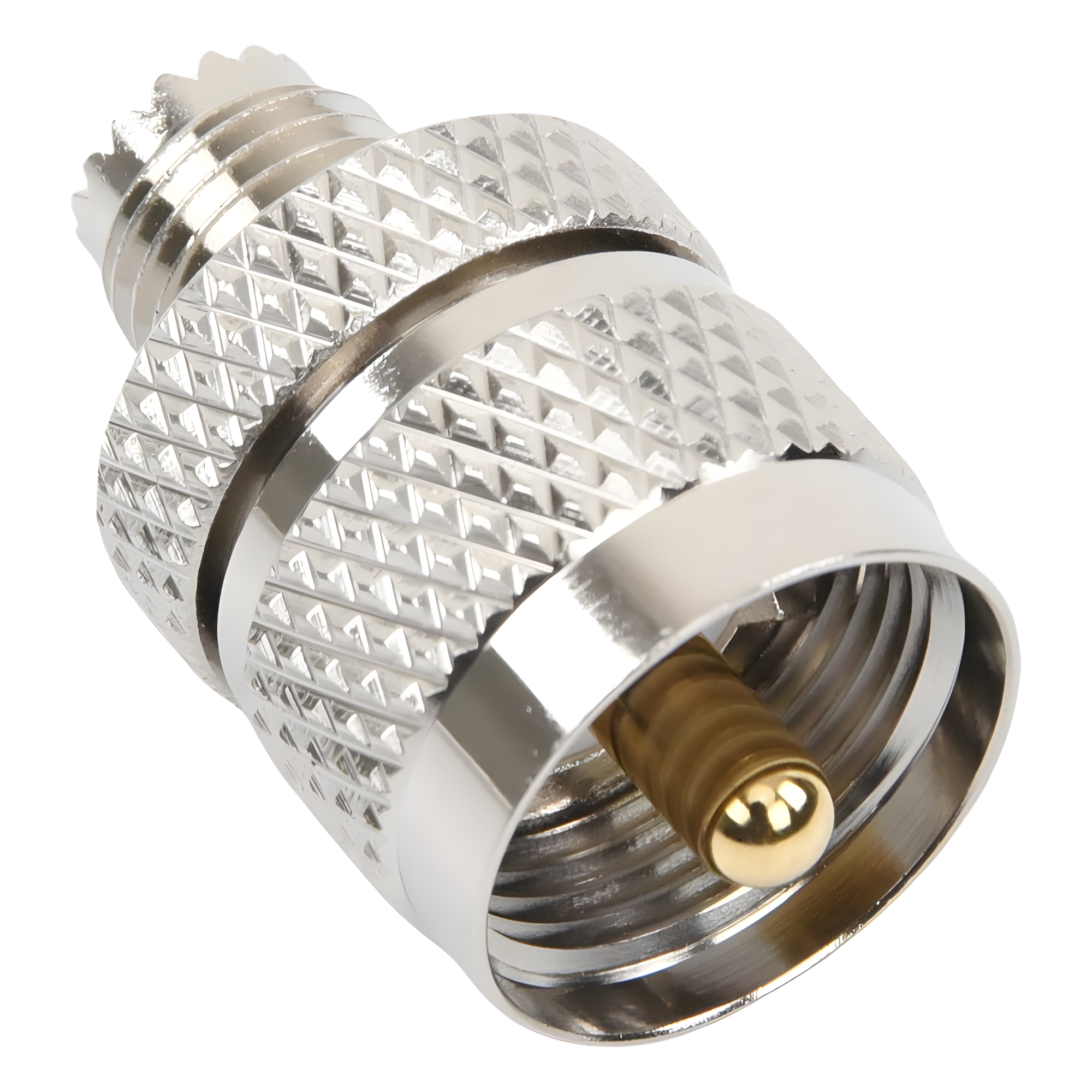 Adaptador RF / Mini UHF Hembra a UHF Macho (PL-259) / Montaje en Línea / Cuerpo Níquel / Contacto Oro / Aislante Teflón
